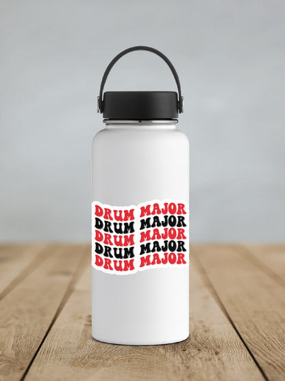 Red and Black Drum Major sticker on a white insulated water bottle