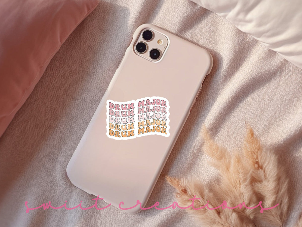 Retro Drum Major sticker on a pink phone case