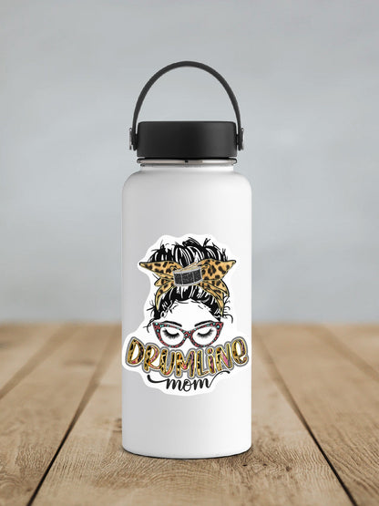 Drumline Mom sticker on a white insulated water bottle