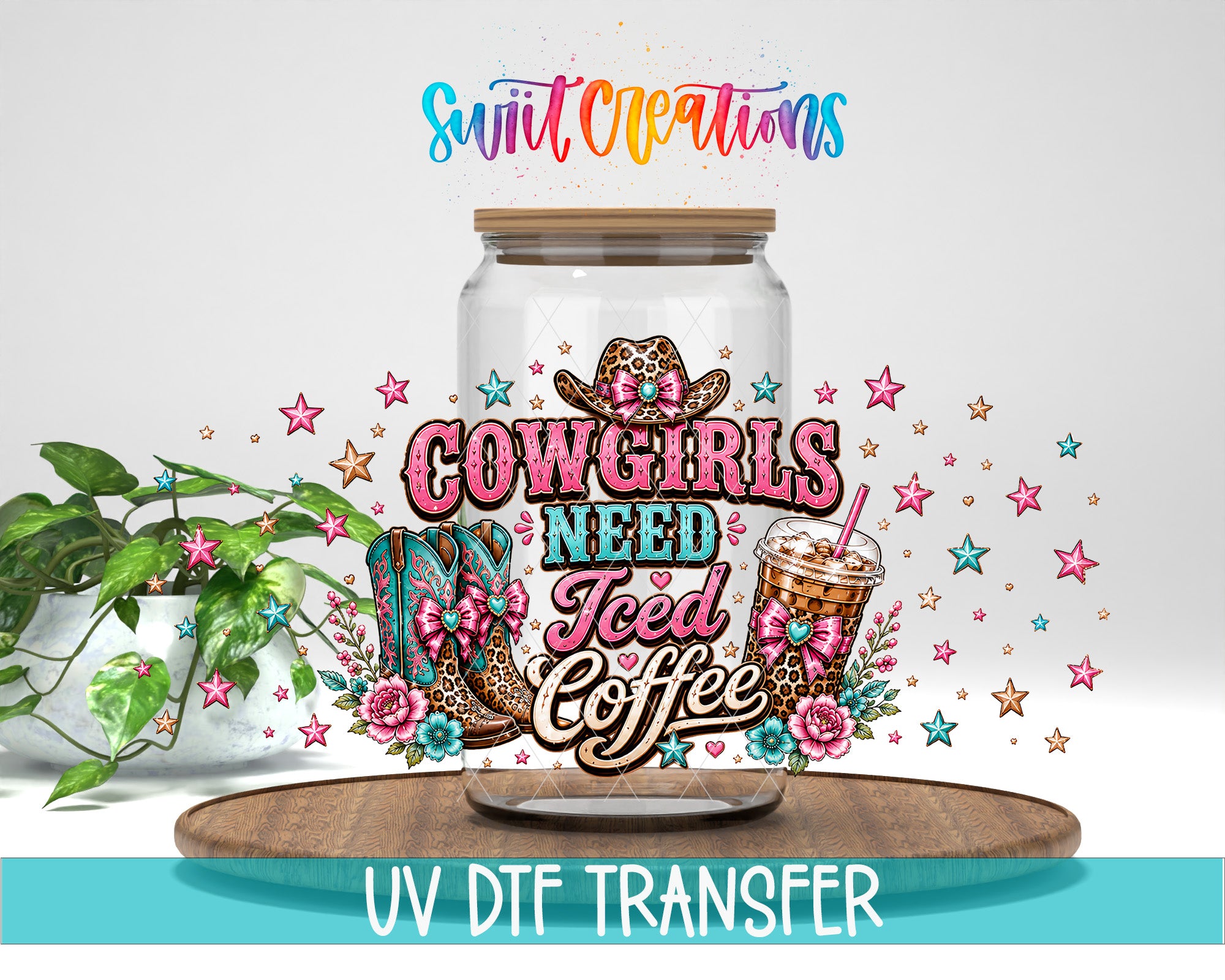 Cowgirls Need Iced Coffee western UV DTF Full Wrap mockup 1