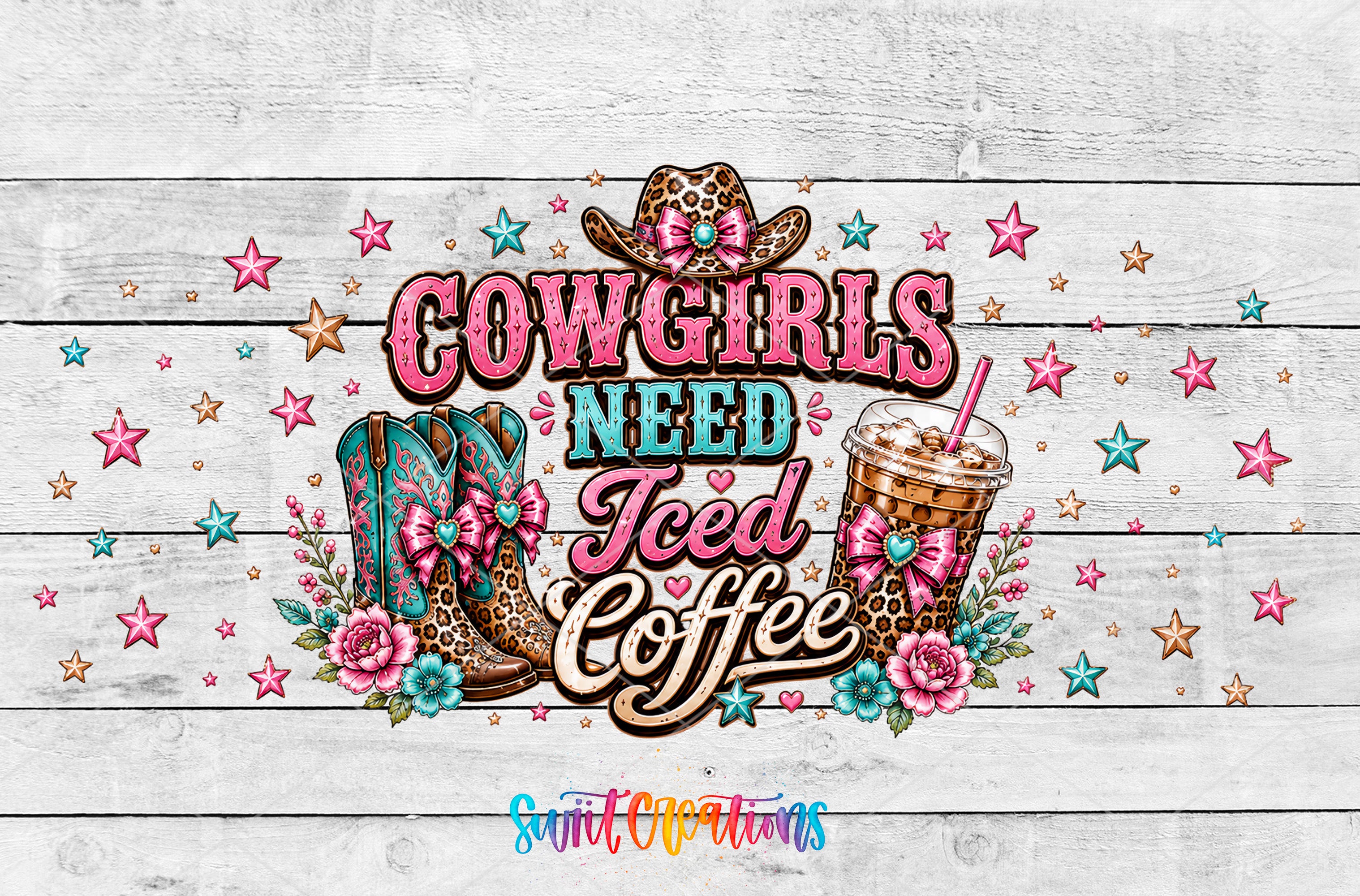 Cowgirls Need Iced Coffee western UV DTF Full Wrap mockup 3