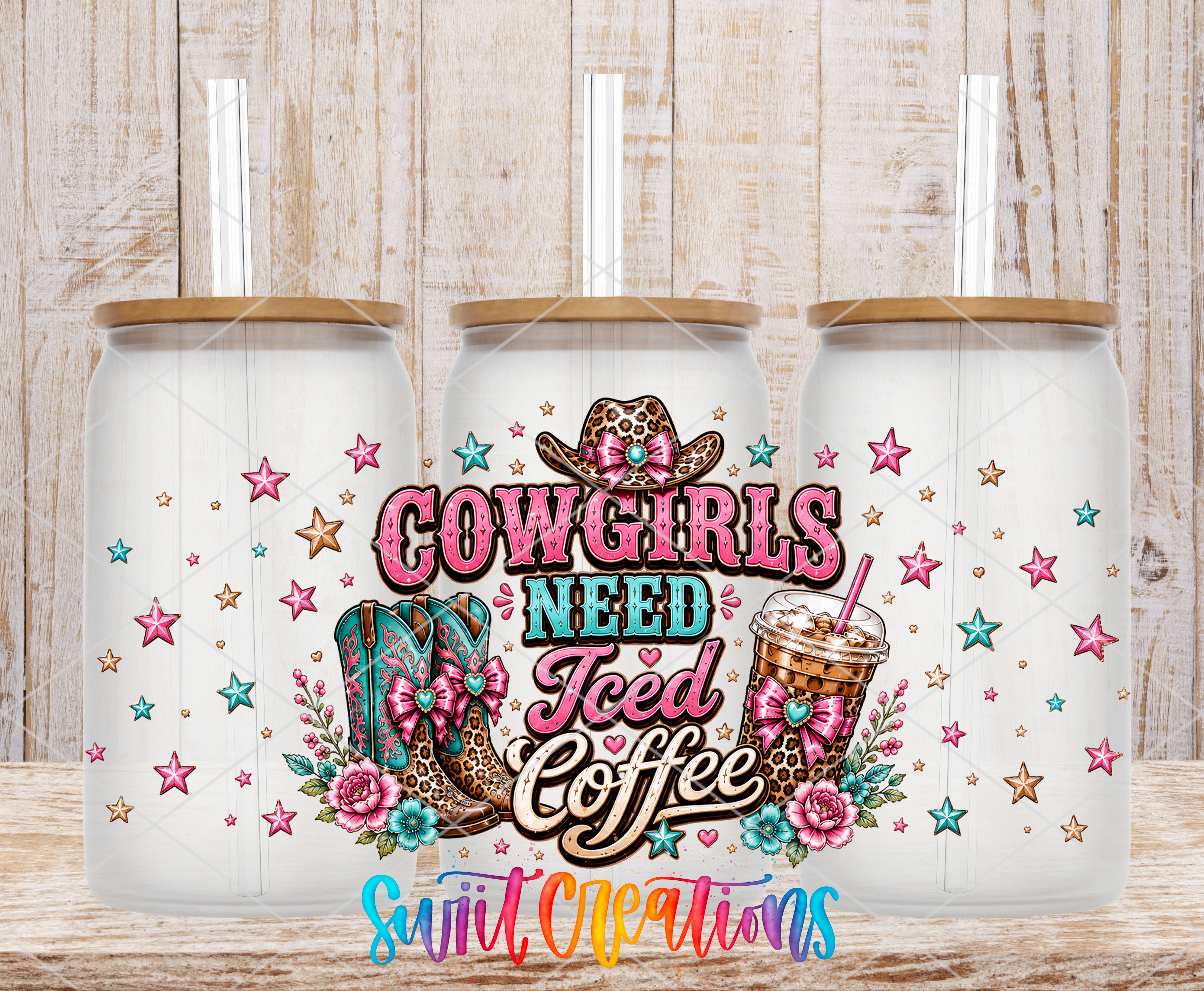 Cowgirls Need Iced Coffee western UV DTF Full Wrap mockup 4