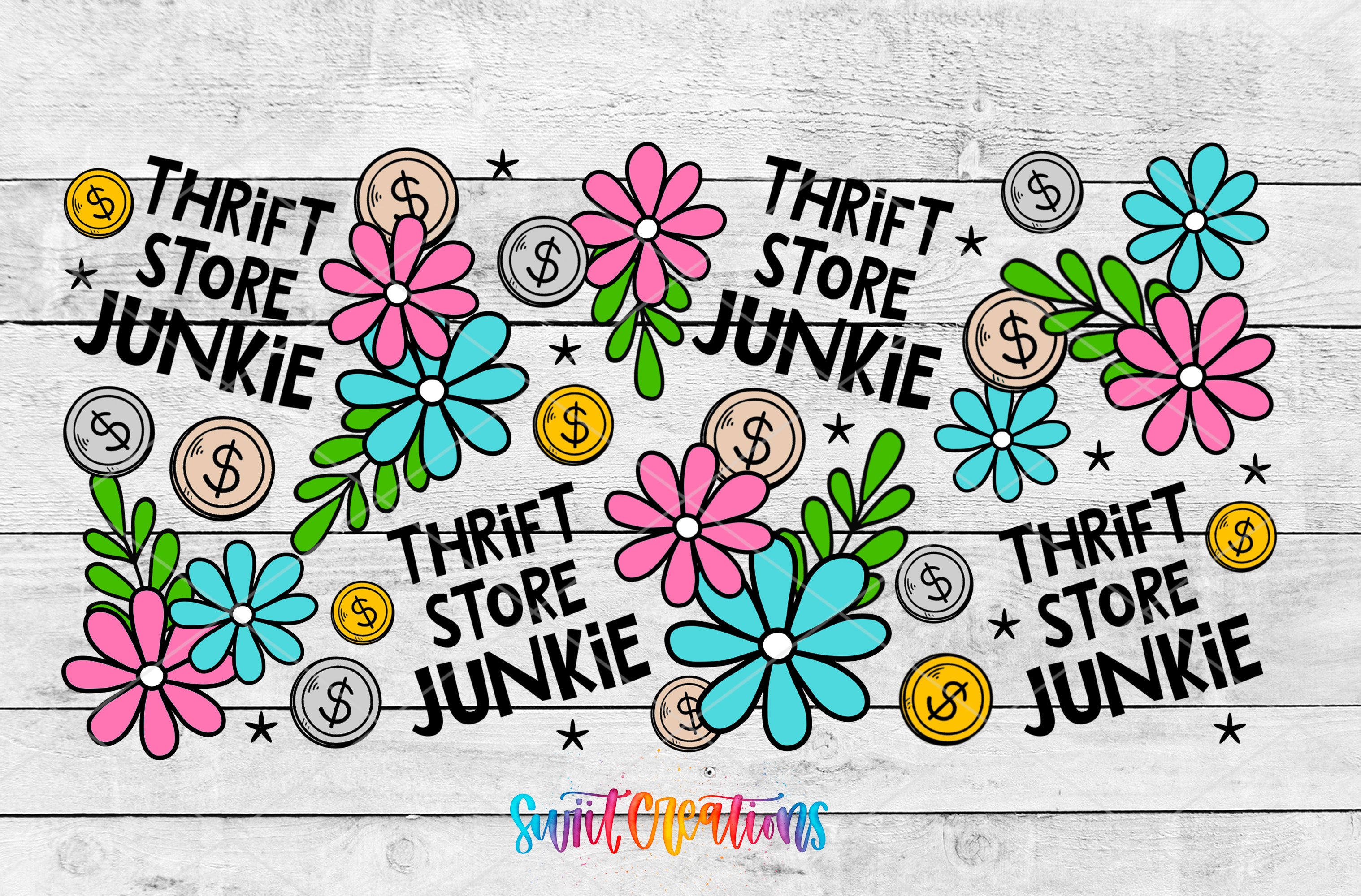 Thrift Store Junkie Full Wrap artwork with colorful daisies, green leaves, and coin illustrations