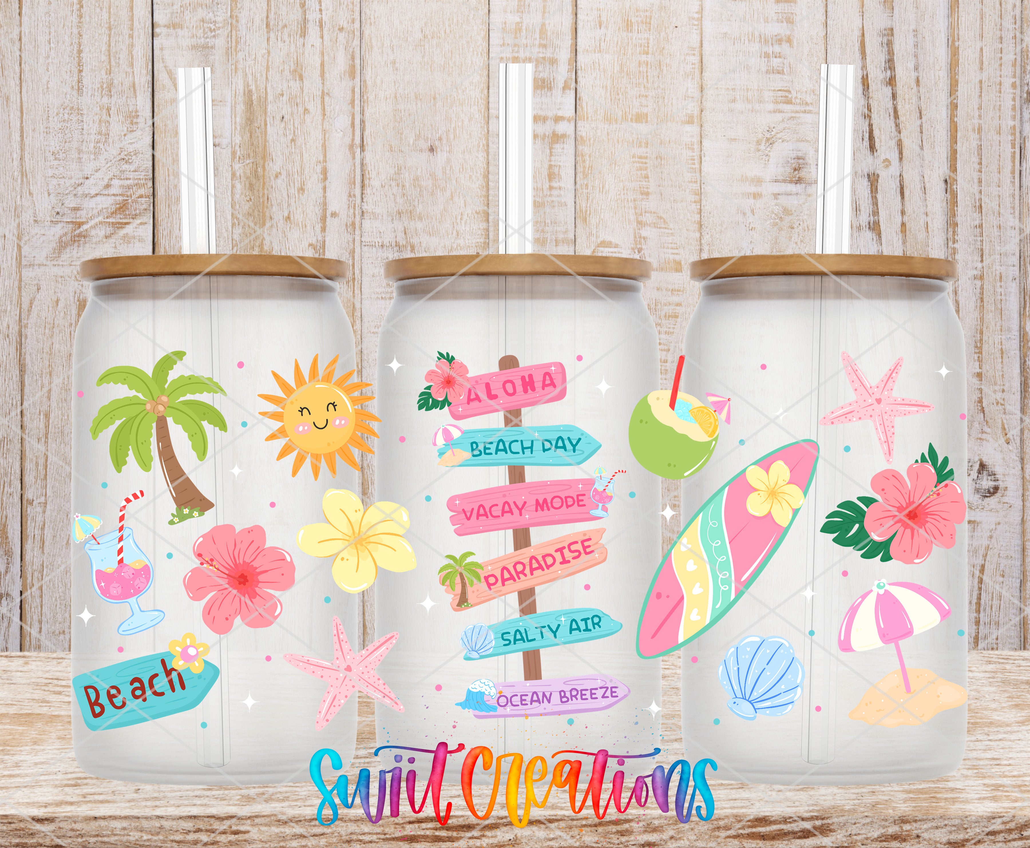 Happy Beach UV DTF Full Wrap mockup on three frosted glass cans with colorful tropical icons