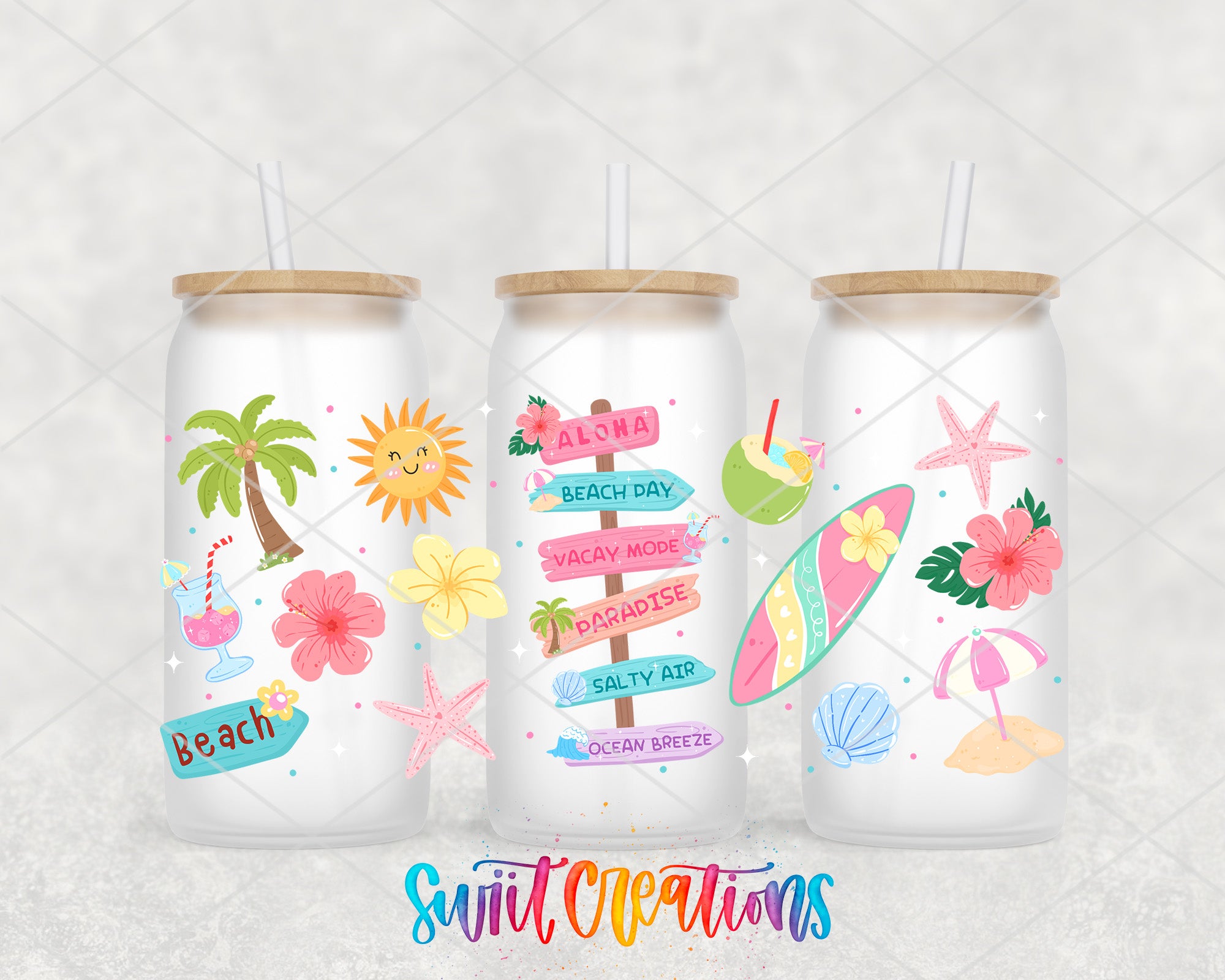 Happy Beach tropical Full Wrap shown across three frosted tumbler cans with wood lids