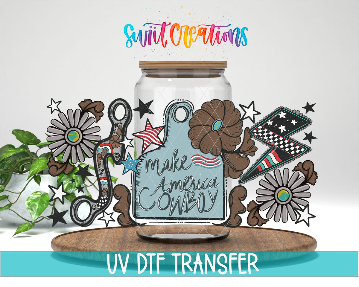 Make America Cowboy UV DTF Full Wrap with western flowers, stars and a lightning bolt on a clear glass can beside a plant.