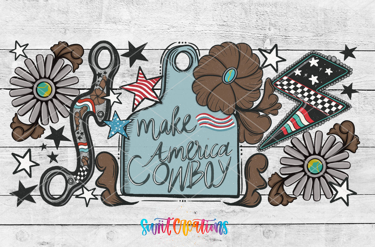 Flat Make America Cowboy UV DTF Full Wrap artwork with brown floral scrolls, turquoise accents, stars and checkerboard details.