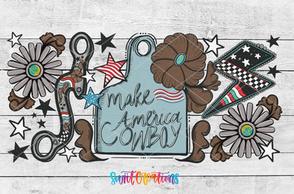 Flat Make America Cowboy UV DTF Full Wrap artwork with brown floral scrolls, turquoise accents, stars and checkerboard details.
