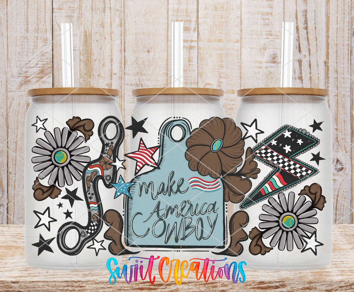 Make America Cowboy UV DTF Full Wrap shown across three frosted glass cans against a wood background.
