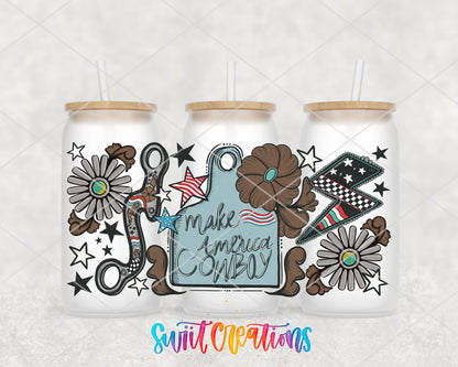 Make America Cowboy UV DTF Full Wrap with western floral details shown across three frosted glass cans on a neutral background.