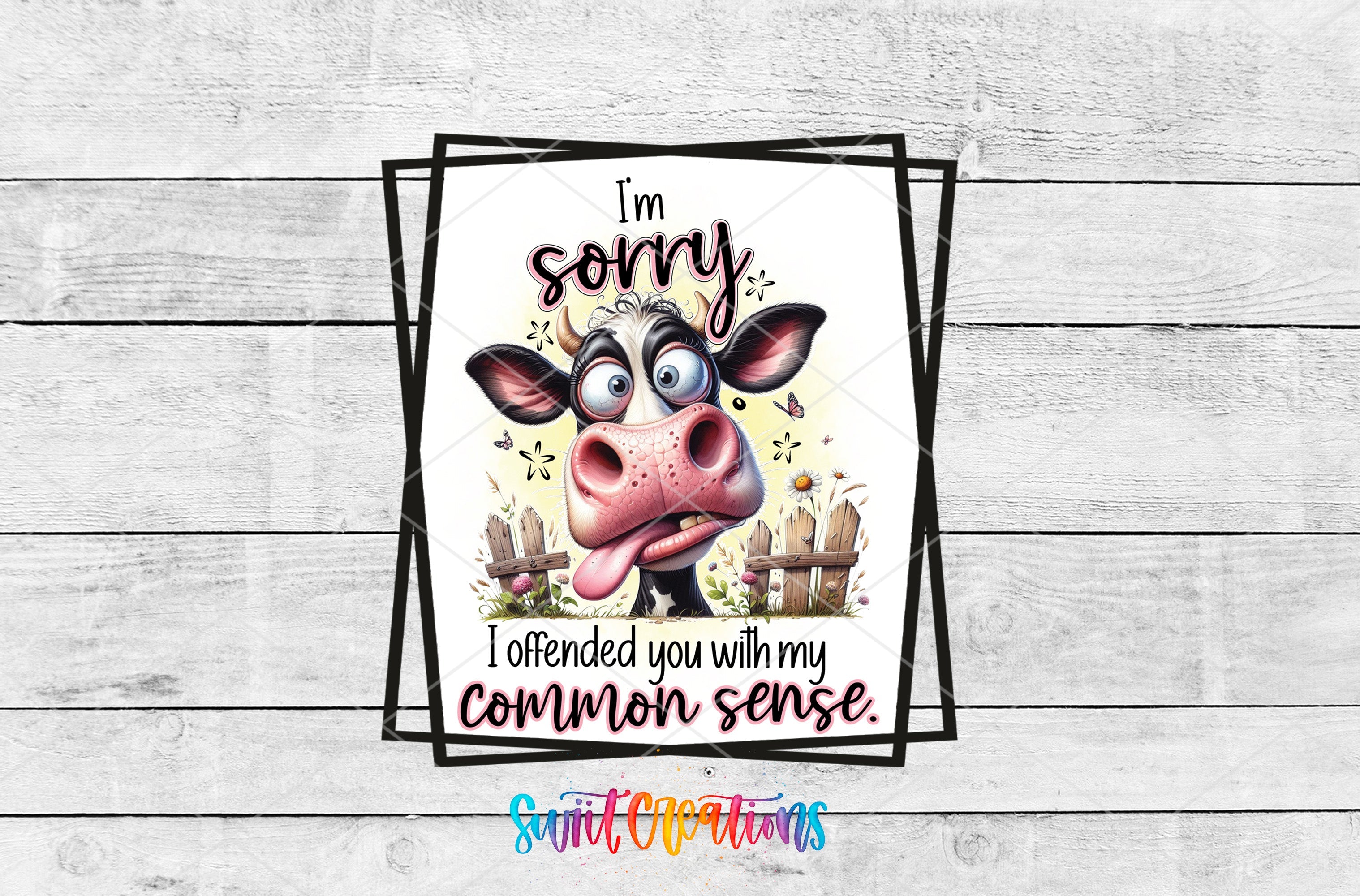 a card with a cartoon cow saying i'm sorry
