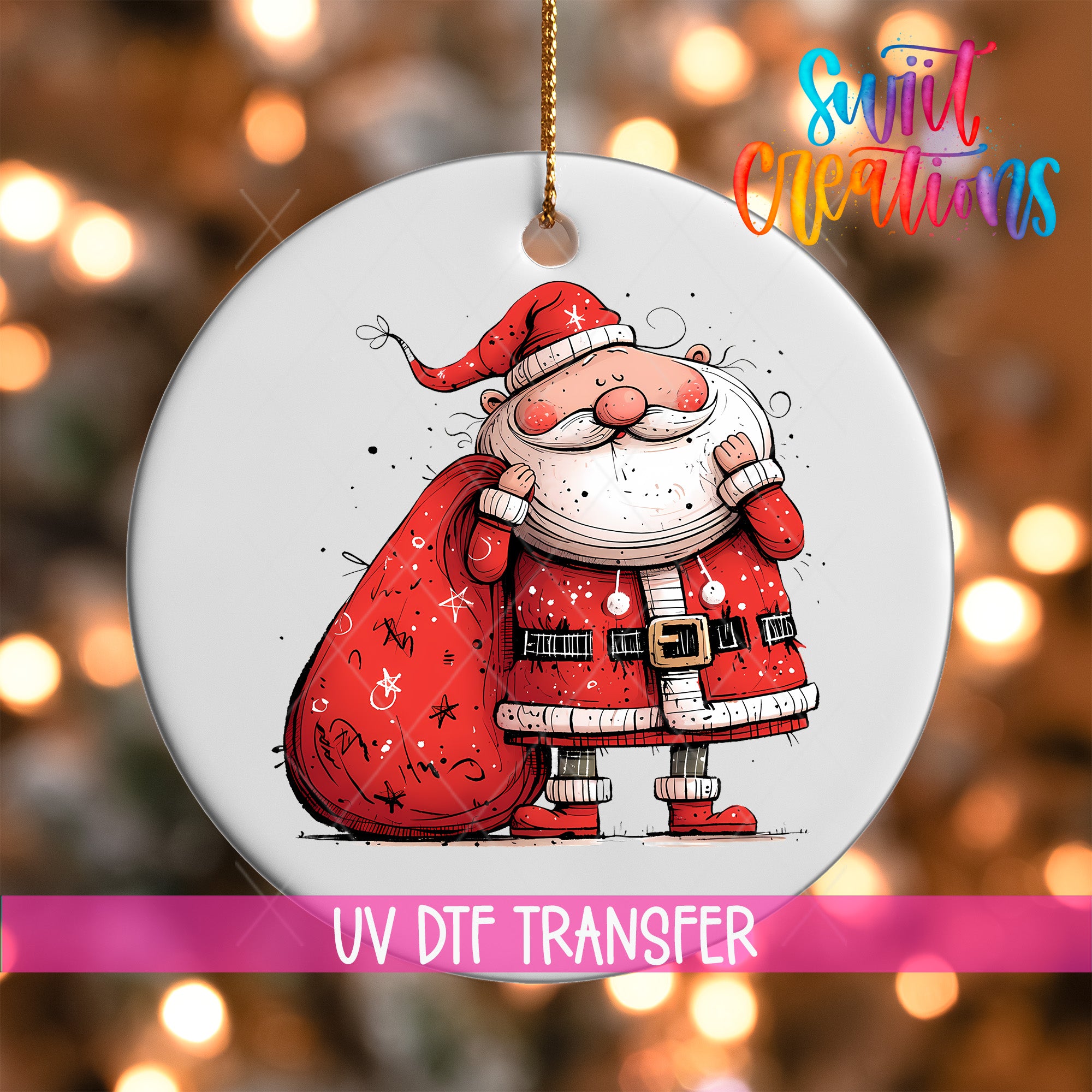 A white ornament featuring a cartoon illustration of Santa Claus carrying a large red sack.