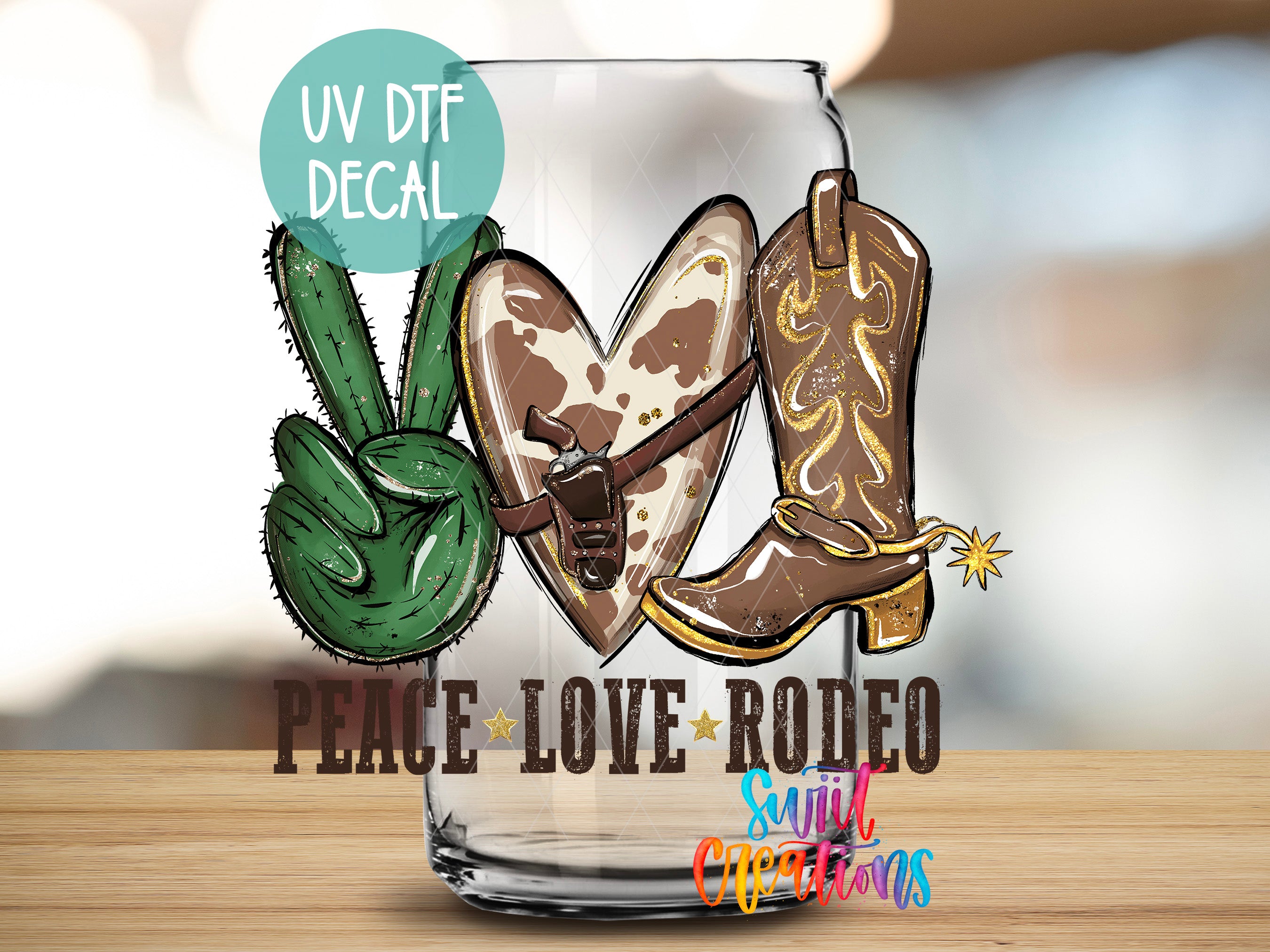 a glass with a cowboy boot and cactus on it