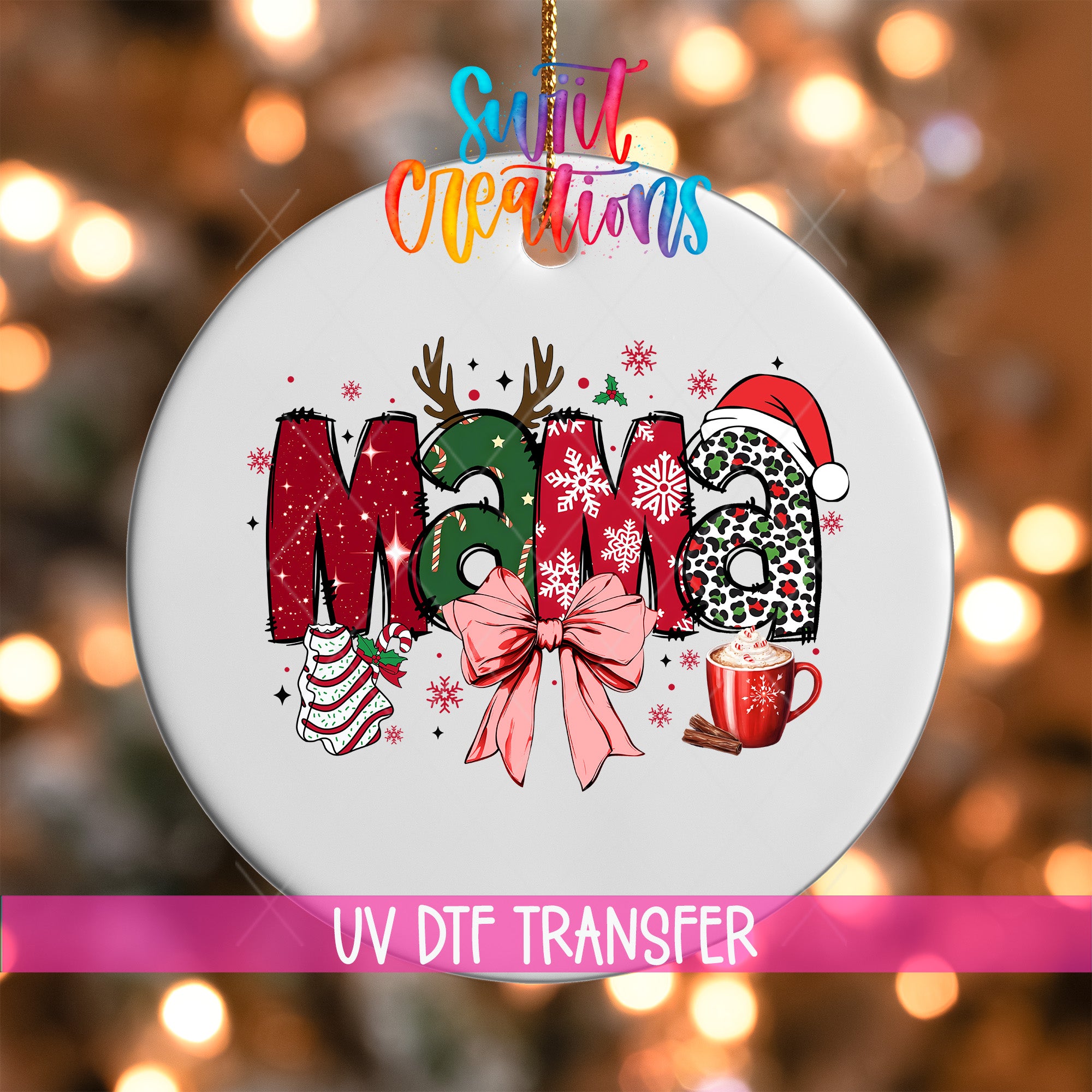 A decorative ornament with the word "Mama" written on it, surrounded by various Christmas-themed elements such as snowflakes, a Santa hat, and a mug of hot chocolate.