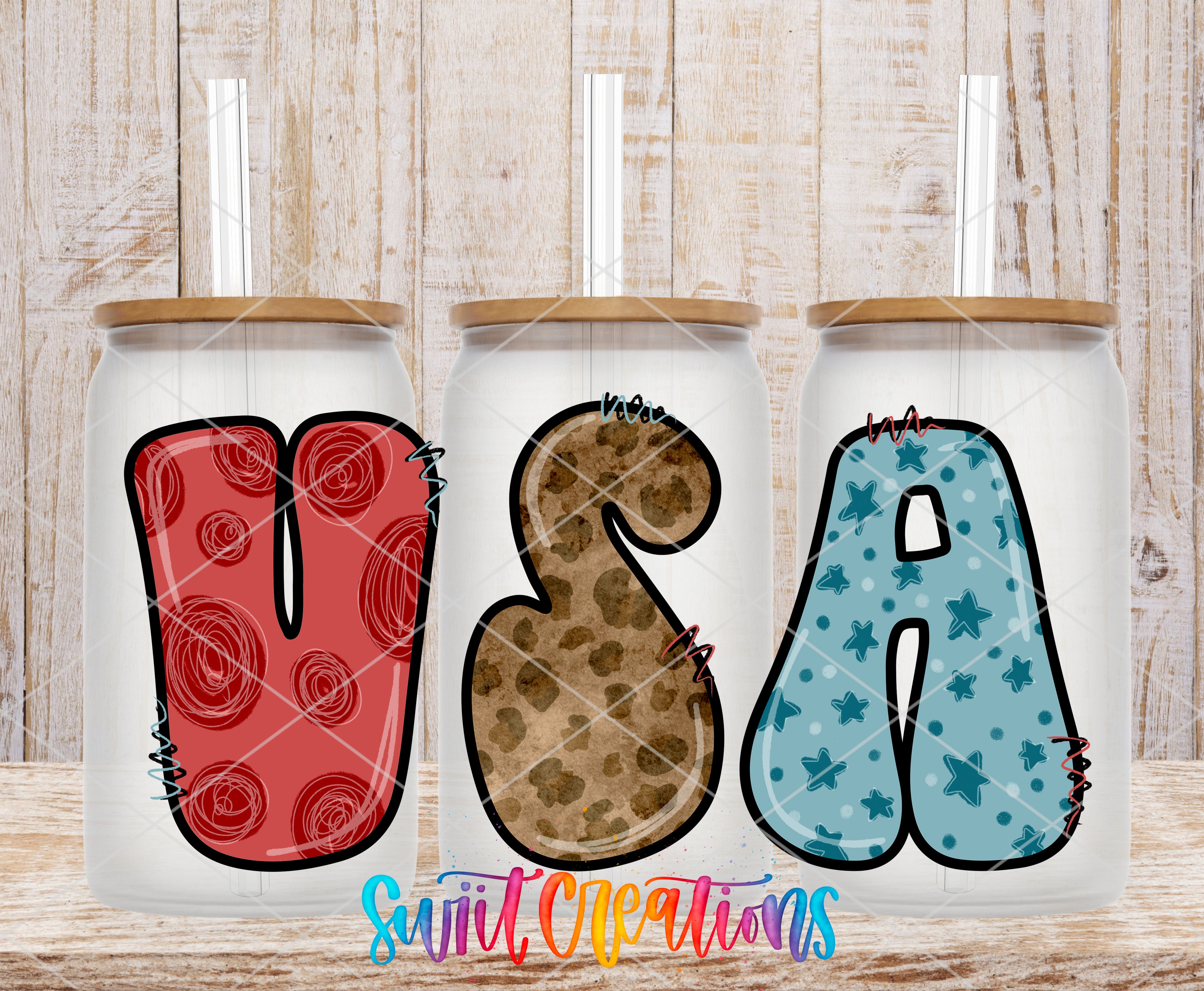 three colorful straw cups with the letters "USA" printed on them, arranged in a row.