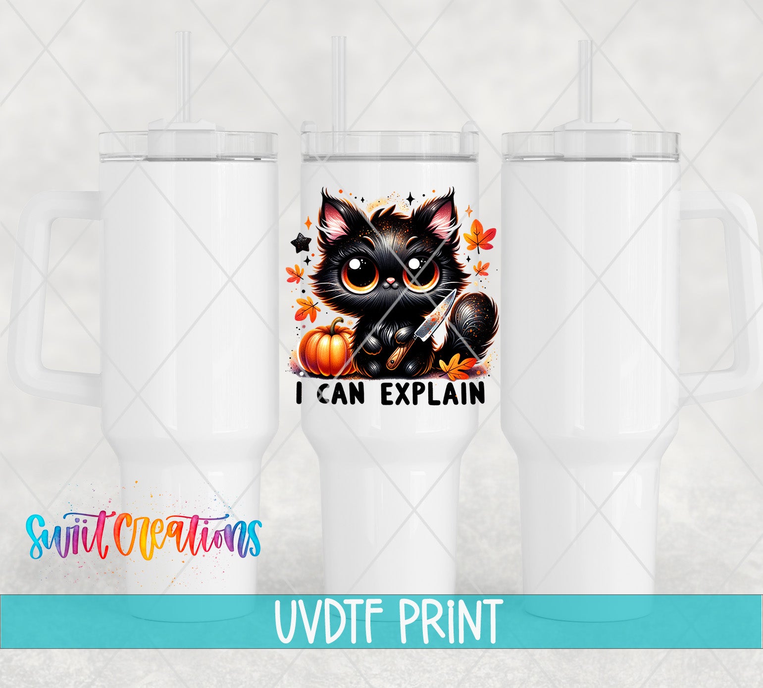 a white tumbler with a picture of a cat on it