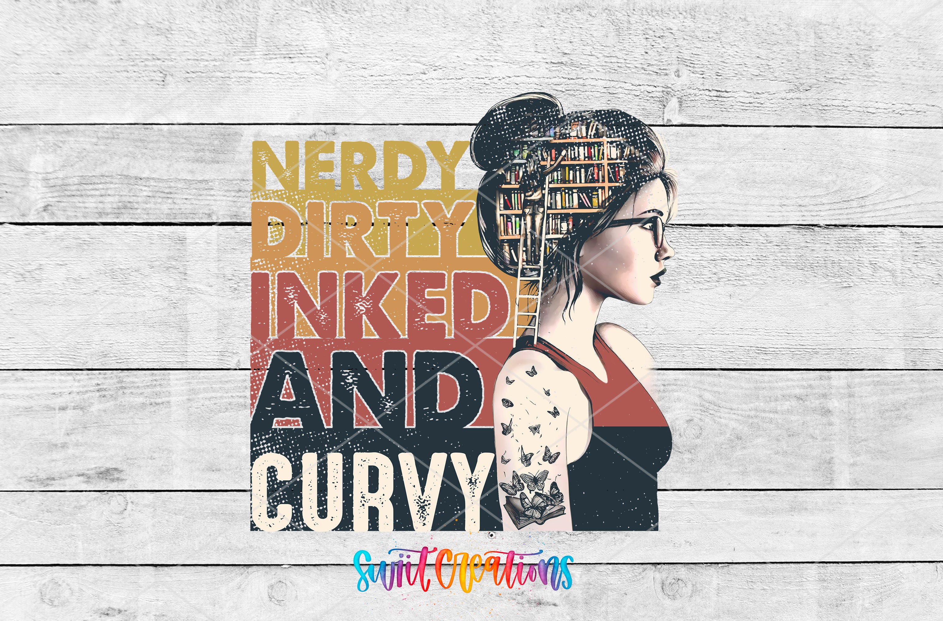 A collage of various images, including a woman with a book-filled headdress, a book-themed design, and text that reads "Nerd, Dirty, Inked, and Curvy".