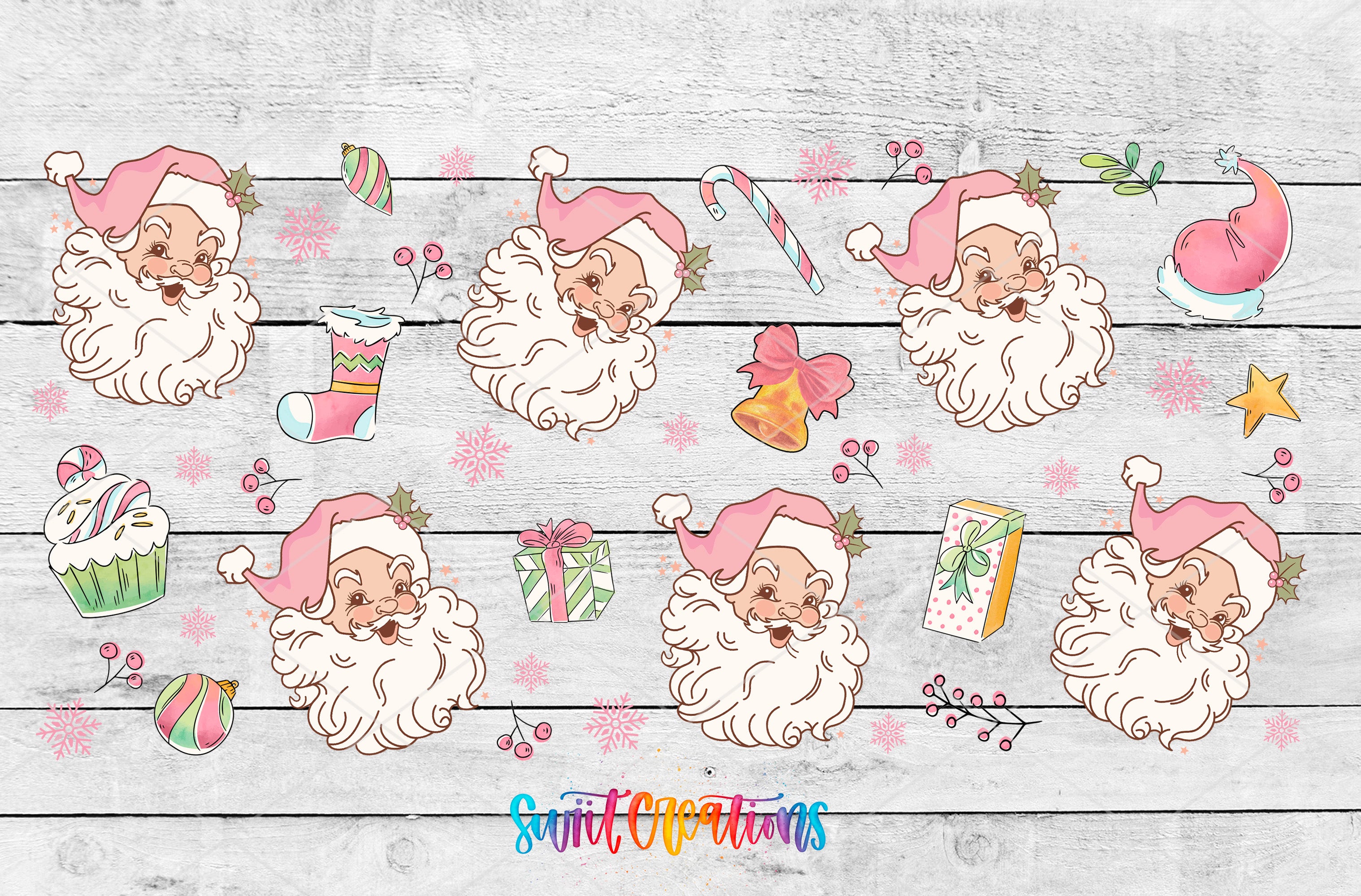 a wooden plank with a bunch of santa clauss on it