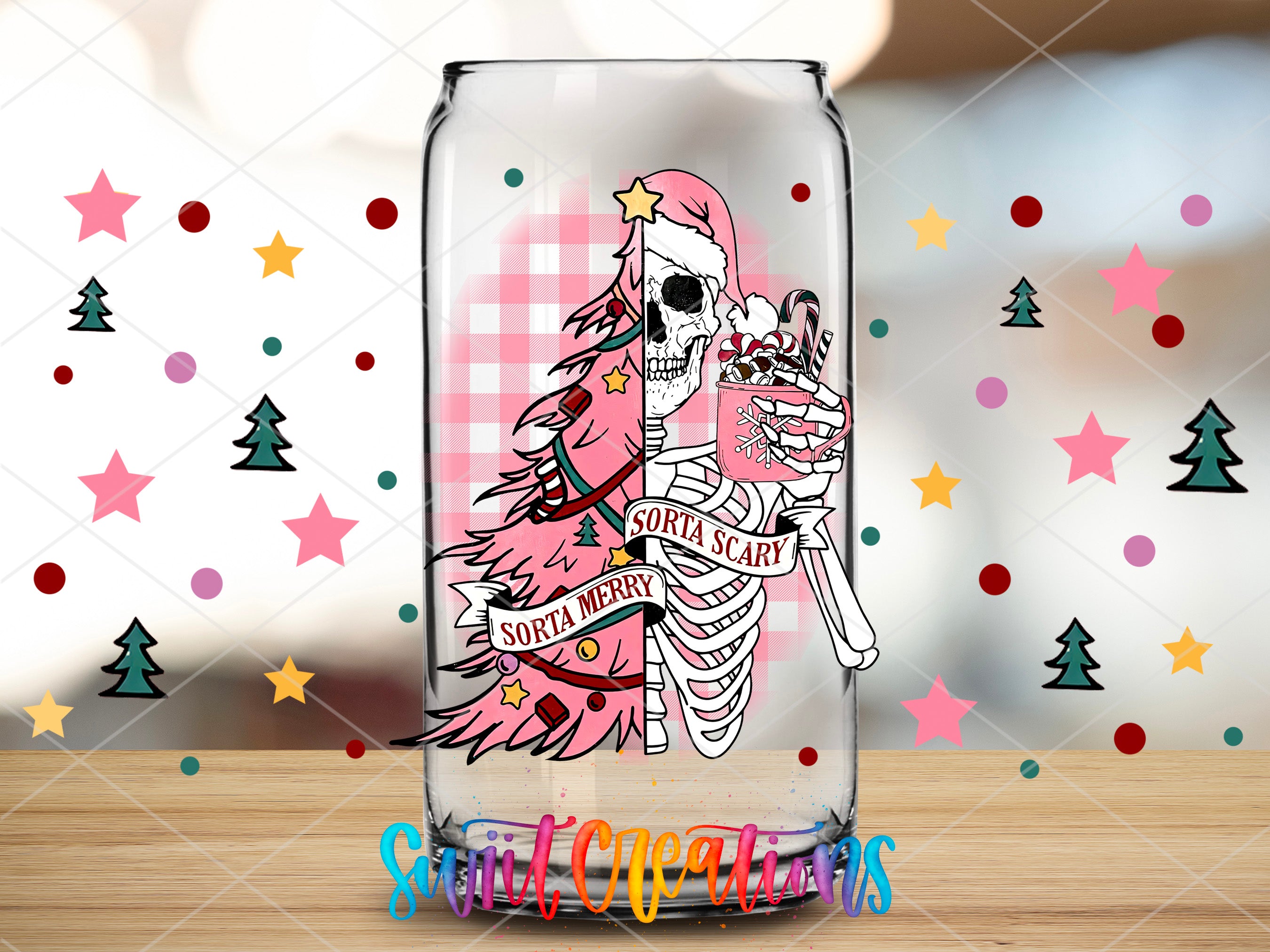 a glass jar with a picture of a skeleton holding a cat