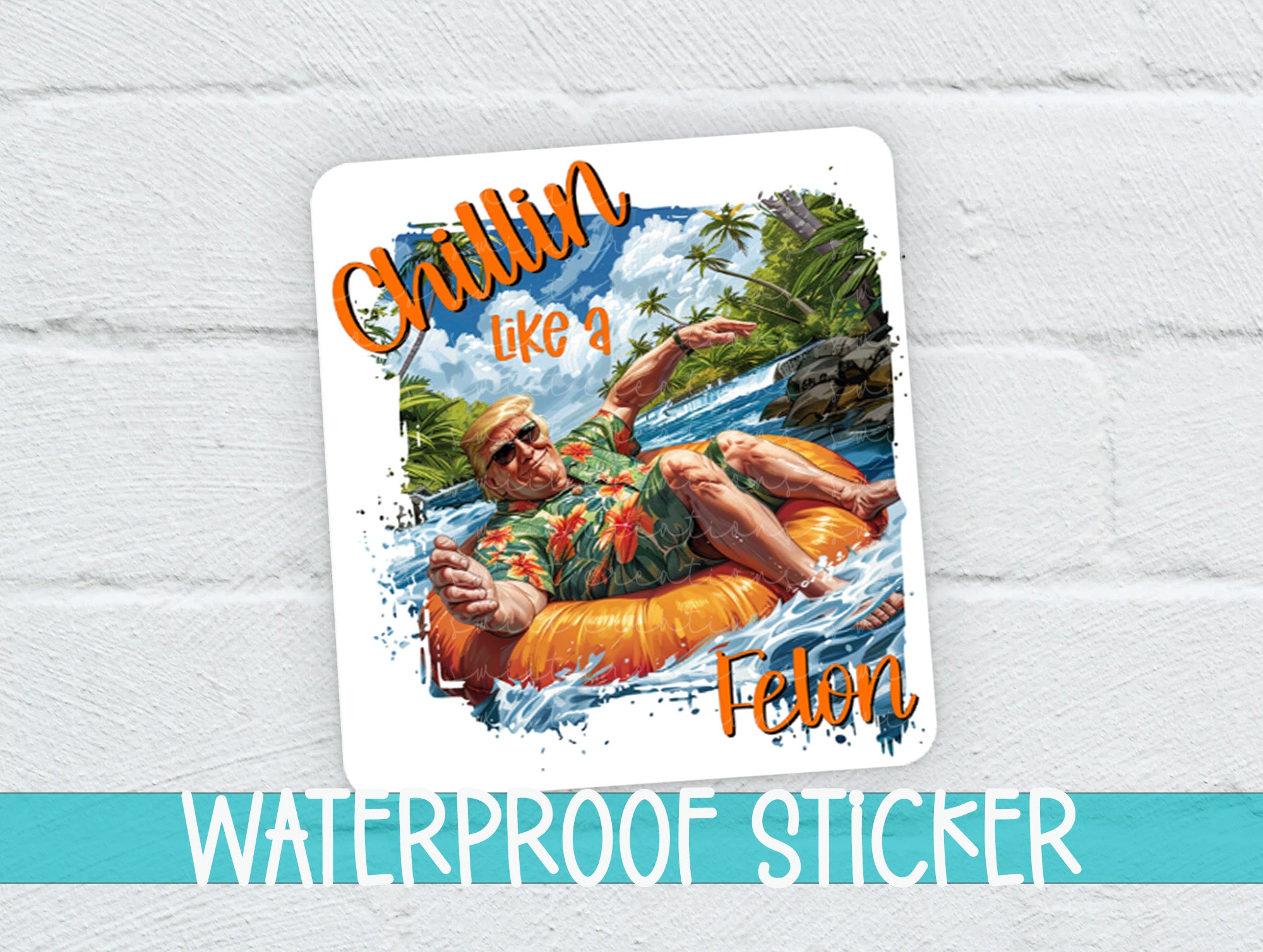 a waterproof sticker with a picture of a man floating on an infl