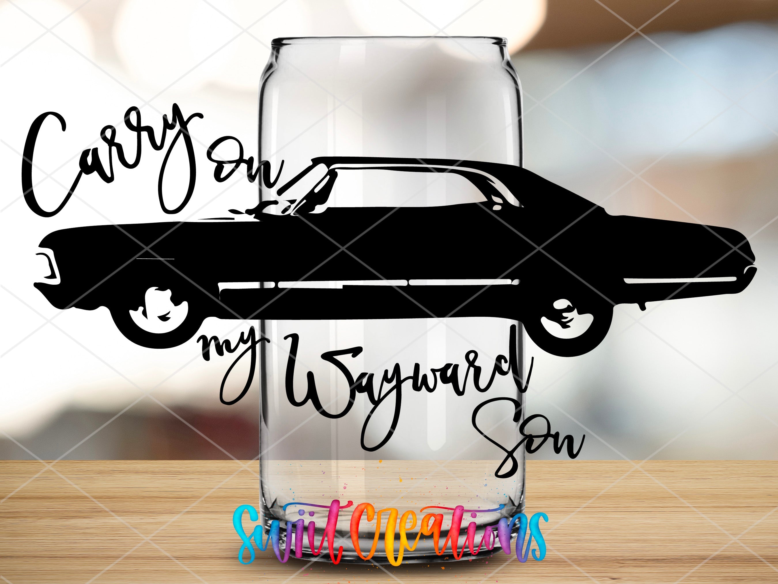 a glass with a car drawn on it