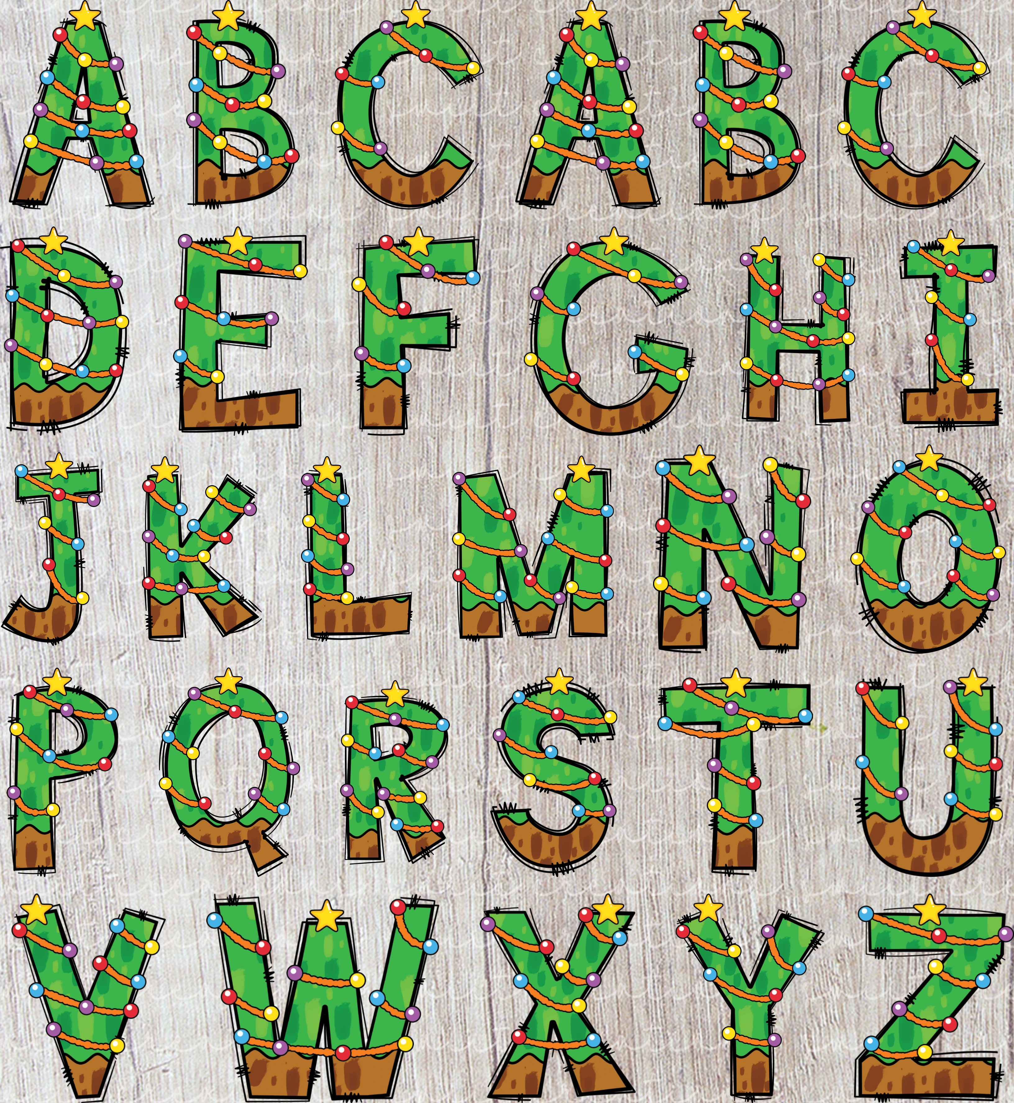 a collection of Christmas tree-themed letters, each decorated with colorful lights and ornaments, arranged in a grid-like pattern.