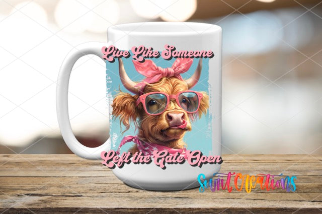 a coffee mug with a picture of a dog wearing sunglasses
