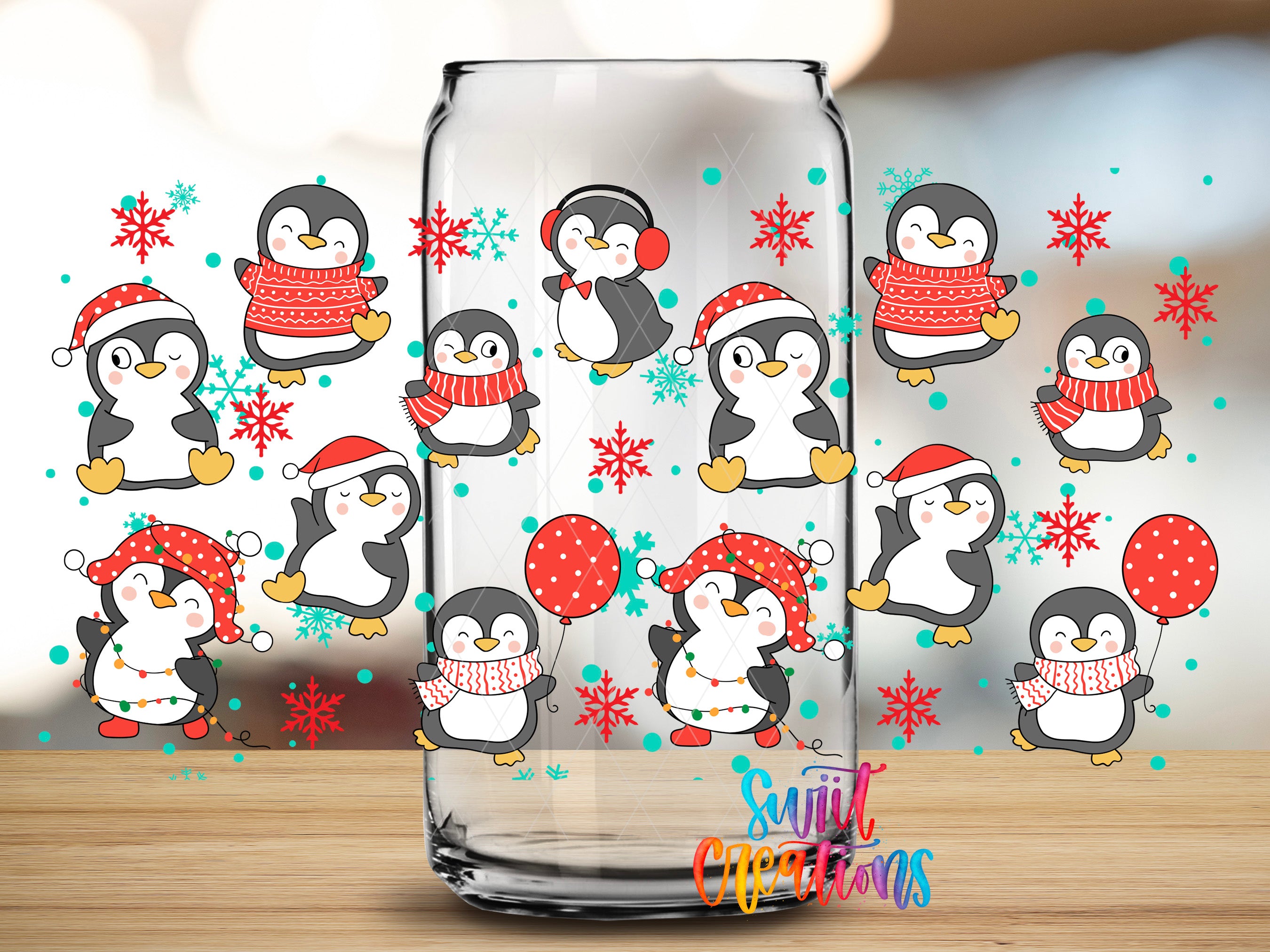 A glass jar filled with various cartoon penguins wearing red and white hats and scarves, surrounded by snowflakes and festive decorations.