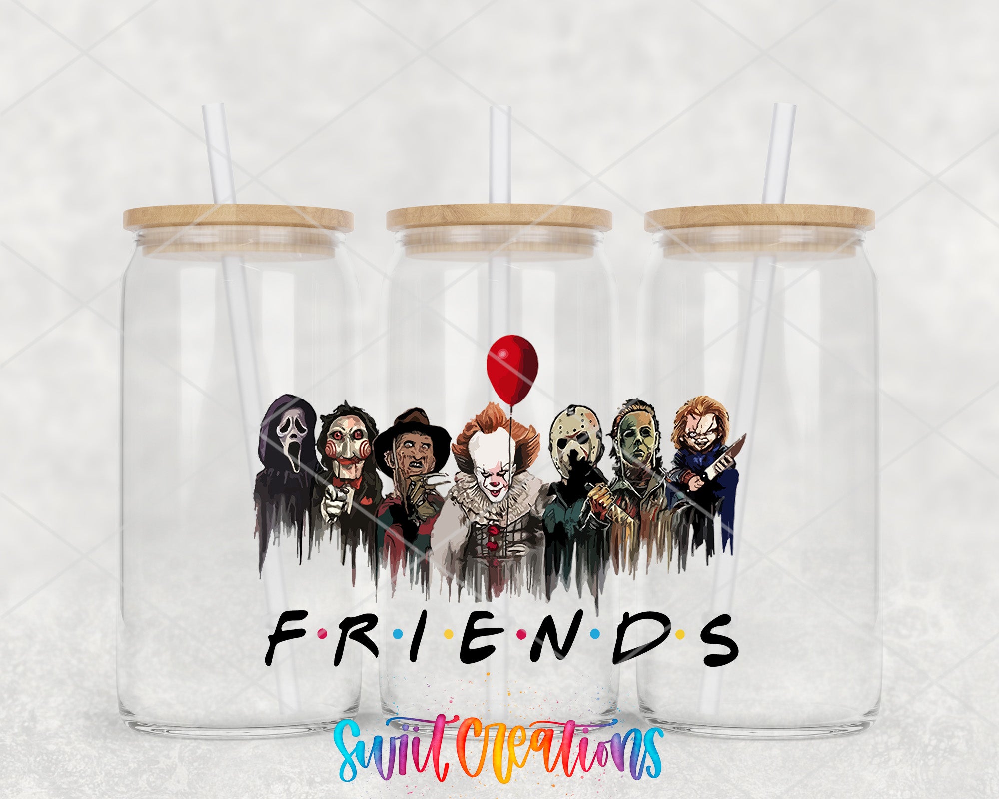 a couple of glasses with a picture of the characters on them