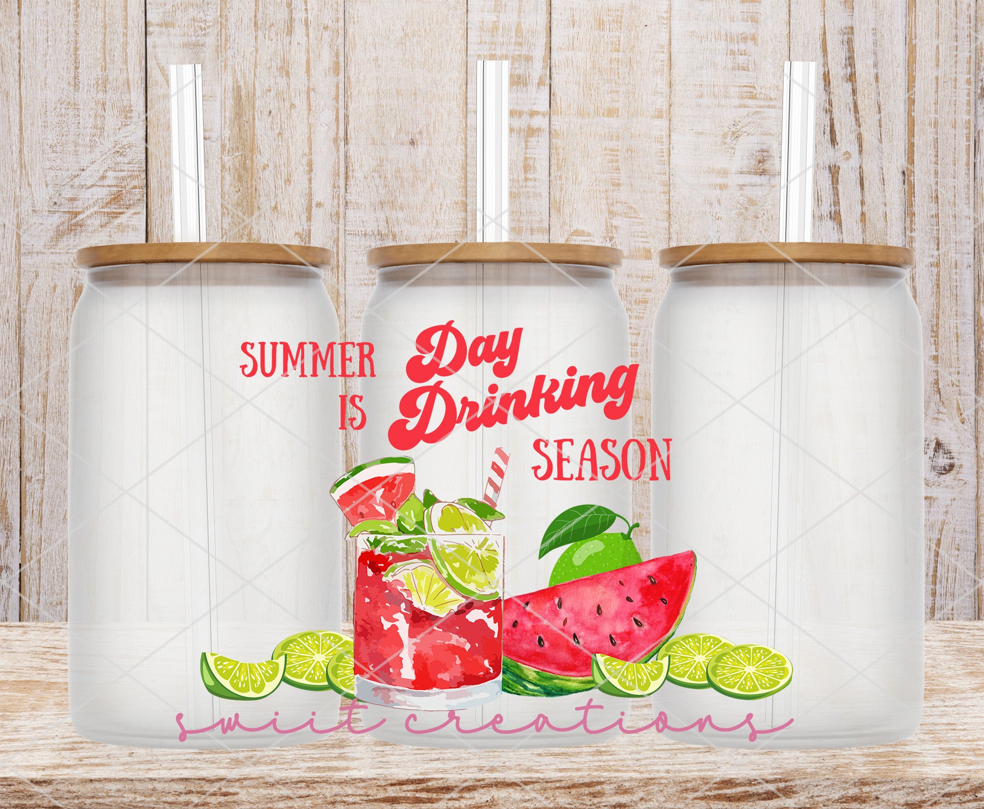 a couple of watermelon drinks sitting on top of a wooden table