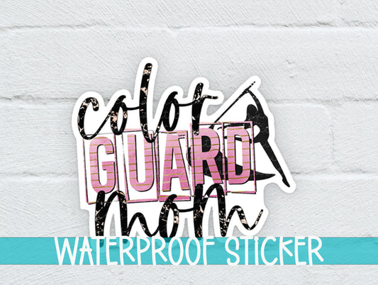 a white brick wall with a sticker that says, color guard mom
