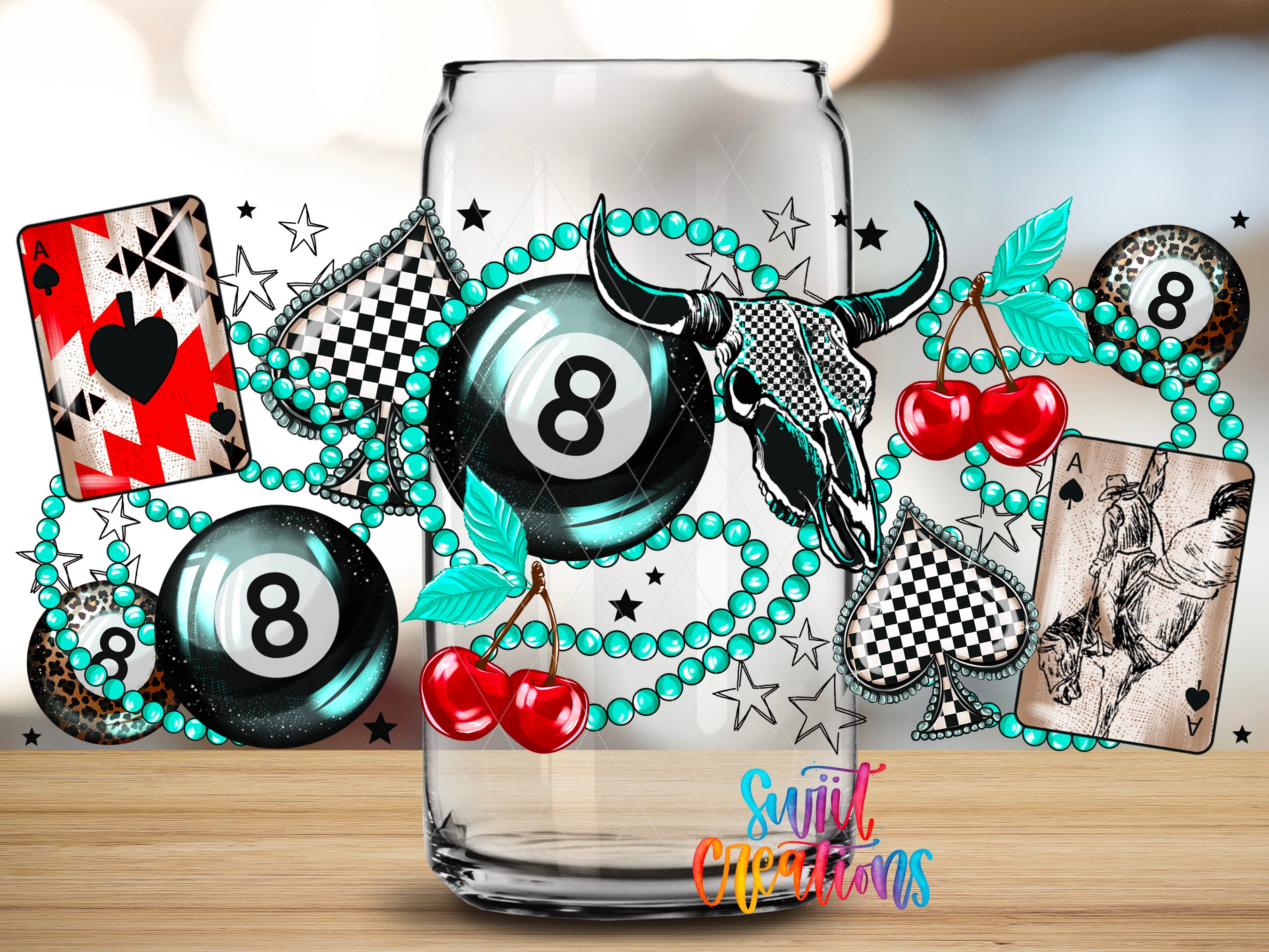 The image is a collage featuring various casino-themed elements, including a pool cue, playing cards, beads, a skull, cherries, and a teal background.