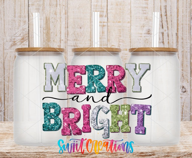 two coffee mugs with merry and bright lettering on them