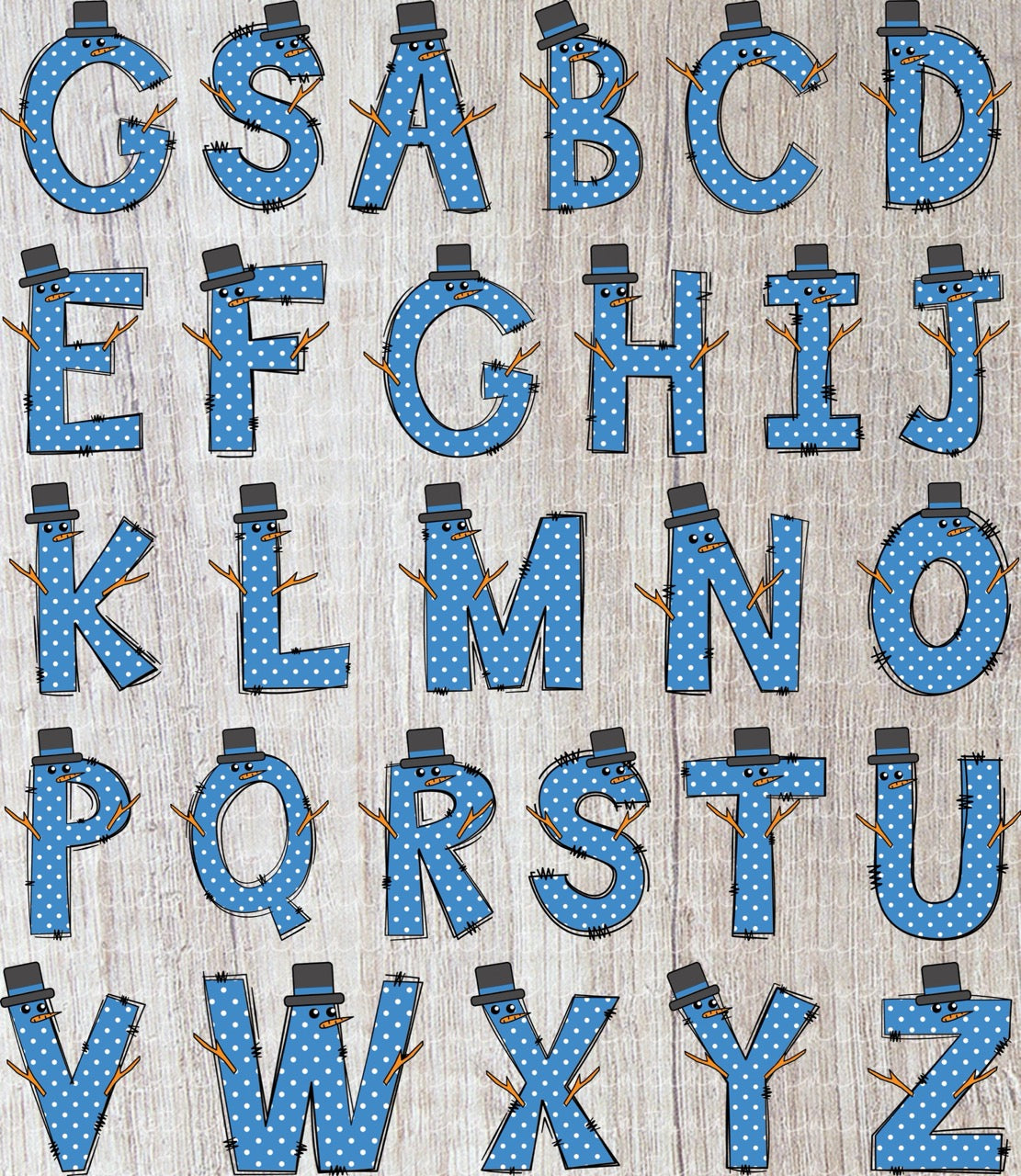 a collection of blue letters with snowman-like faces attached to them, arranged in a grid-like pattern on a wooden background.