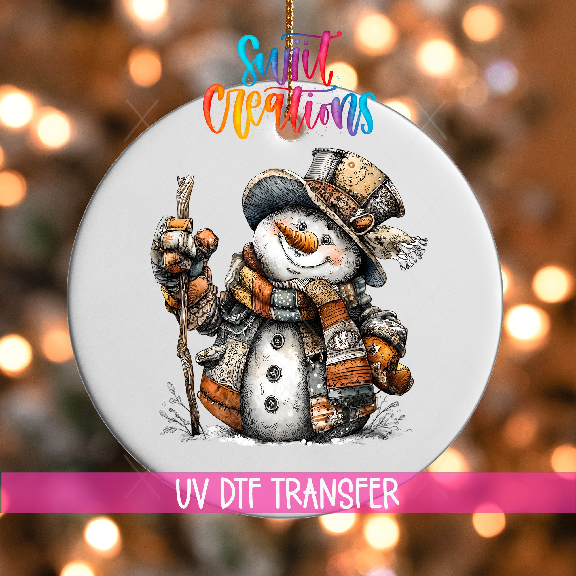 A snowman ornament with a hat, scarf, and carrot nose, holding a stick, is displayed against a background of colorful lights.