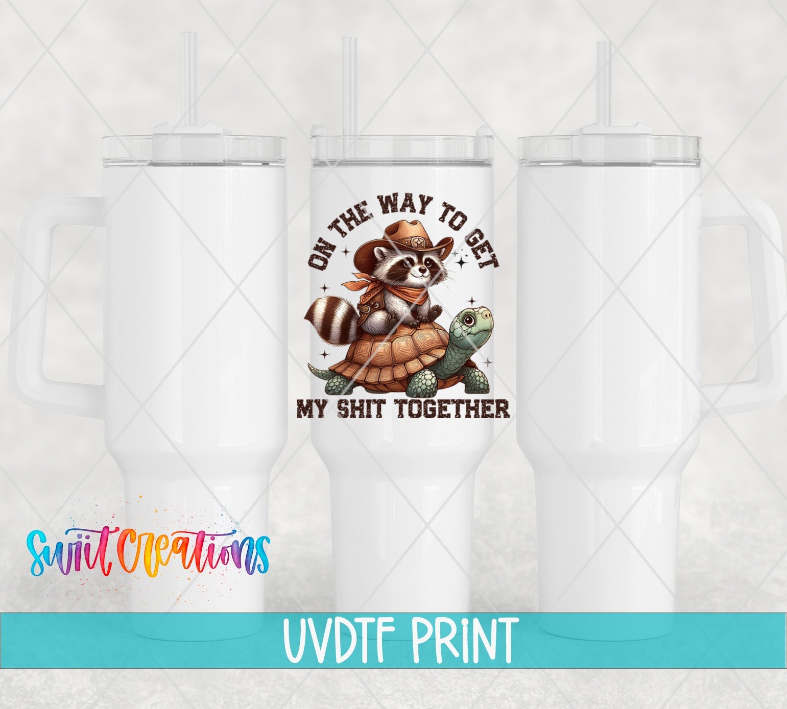 a white tumbler with a picture of a raccoon on it
