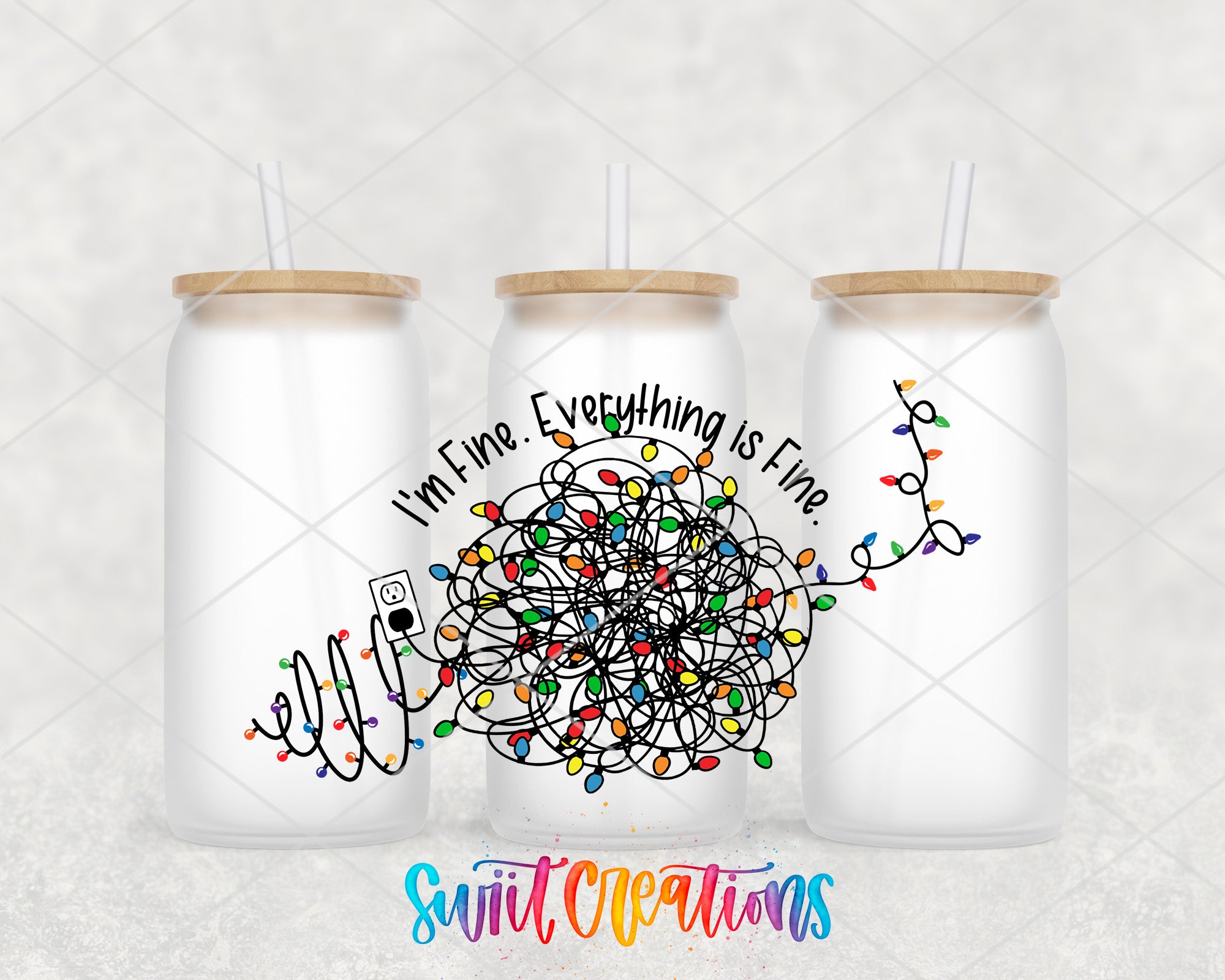 three white tumblers with colorful designs and text on them.
