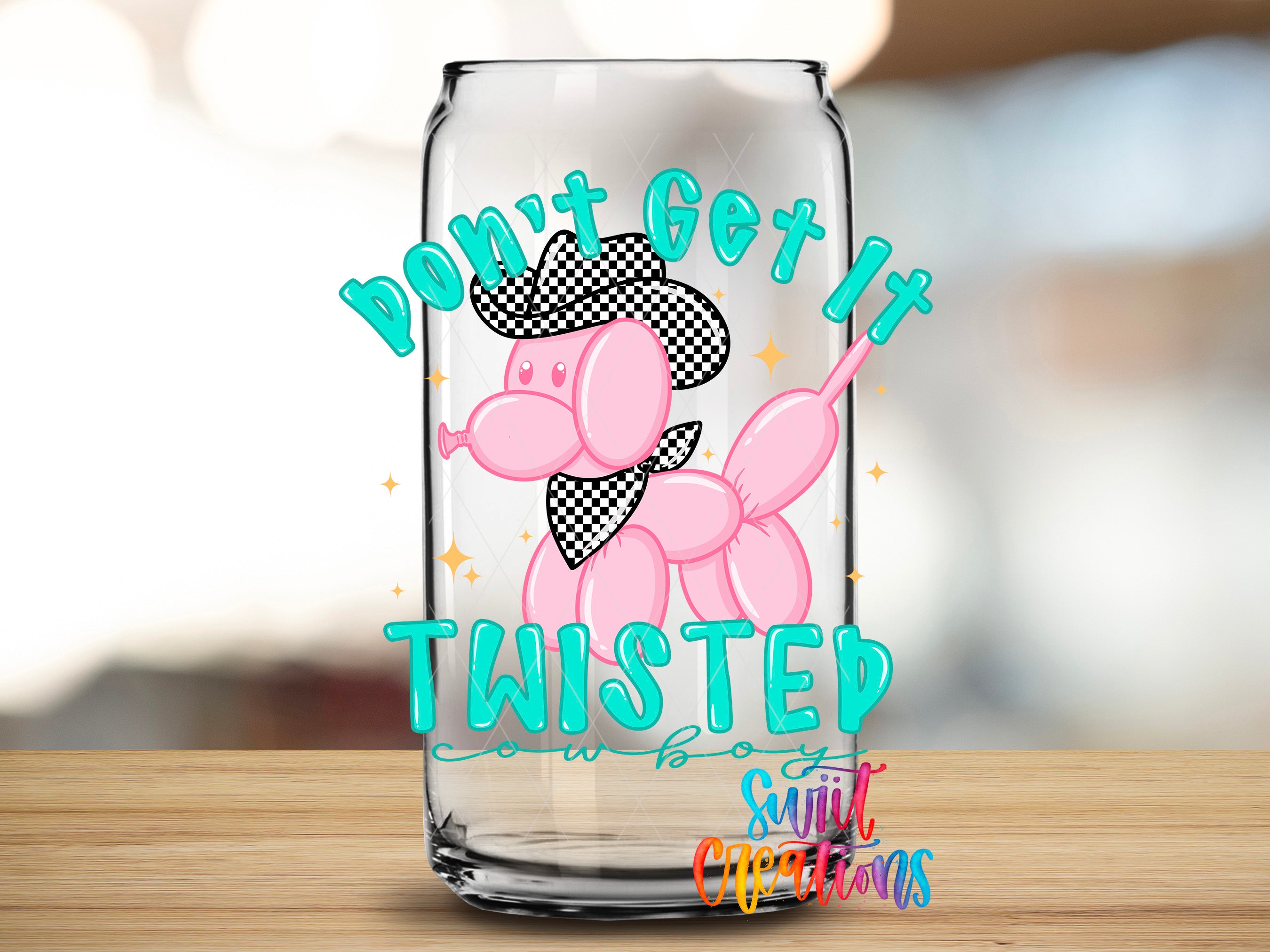 A glass can with a cartoon image of a pink balloon dog wearing a cowboy hat and holding a "Don't Get It" sign.