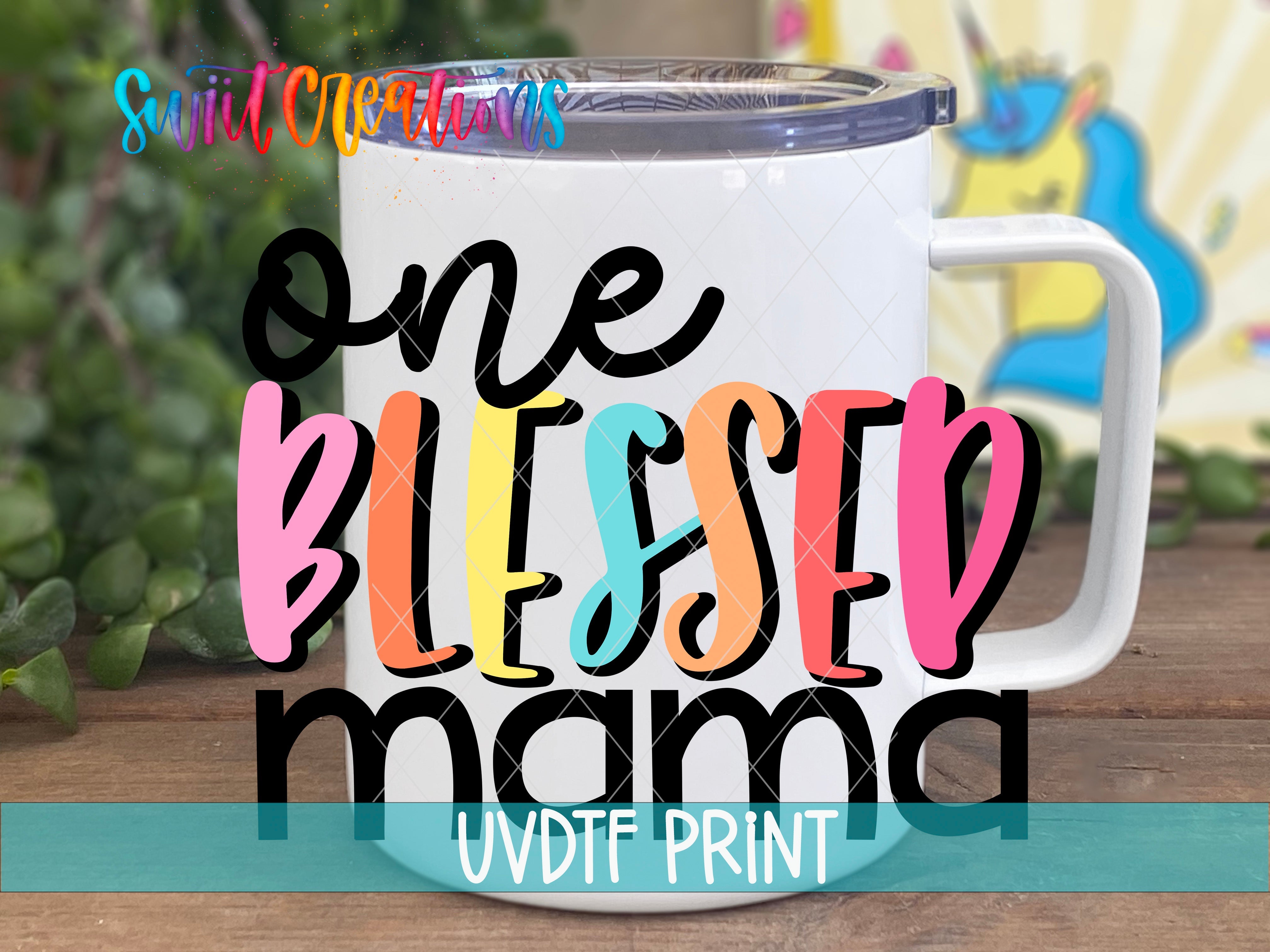 a white coffee mug with the words one blessing mama on it