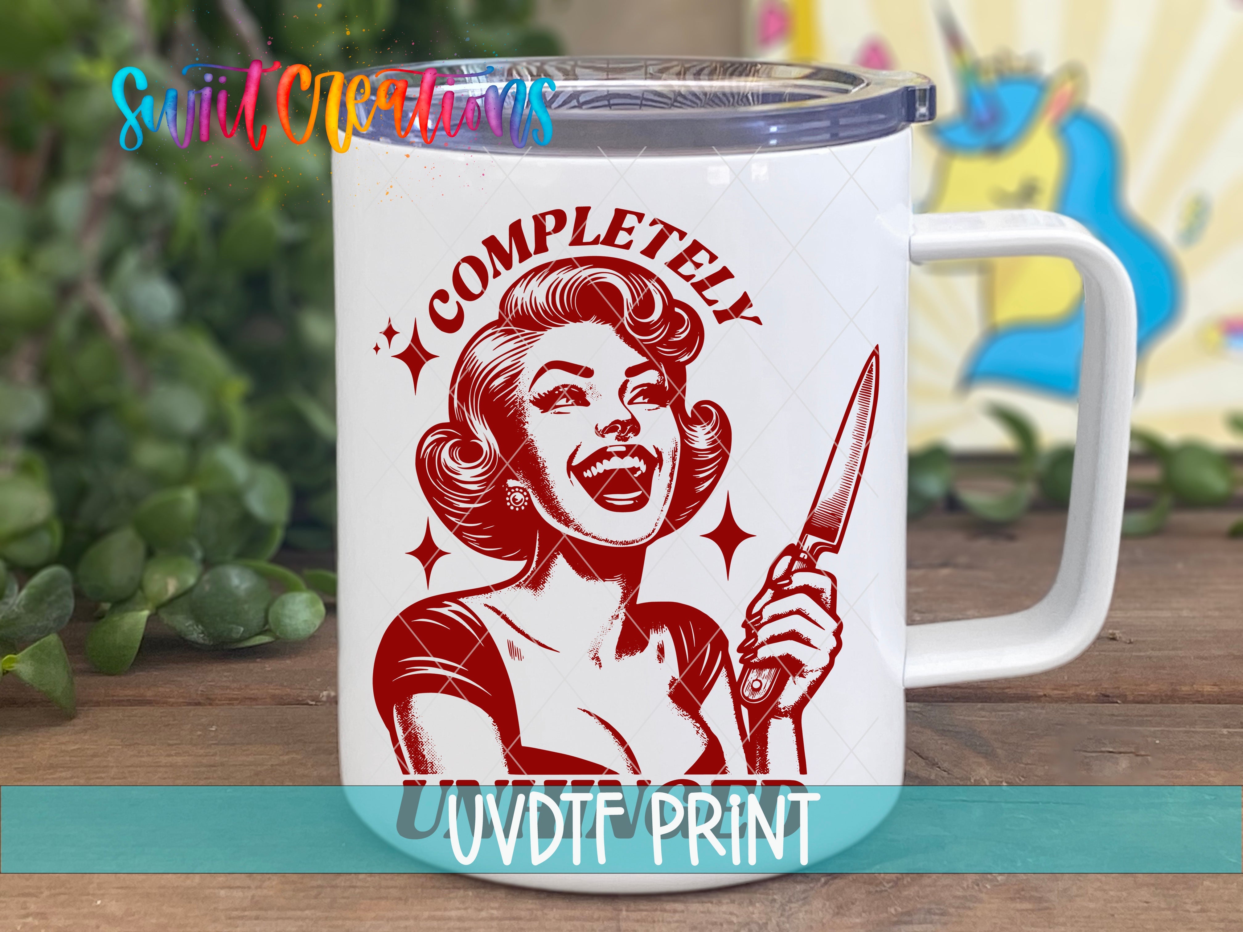 a coffee mug with a picture of a woman holding a knife
