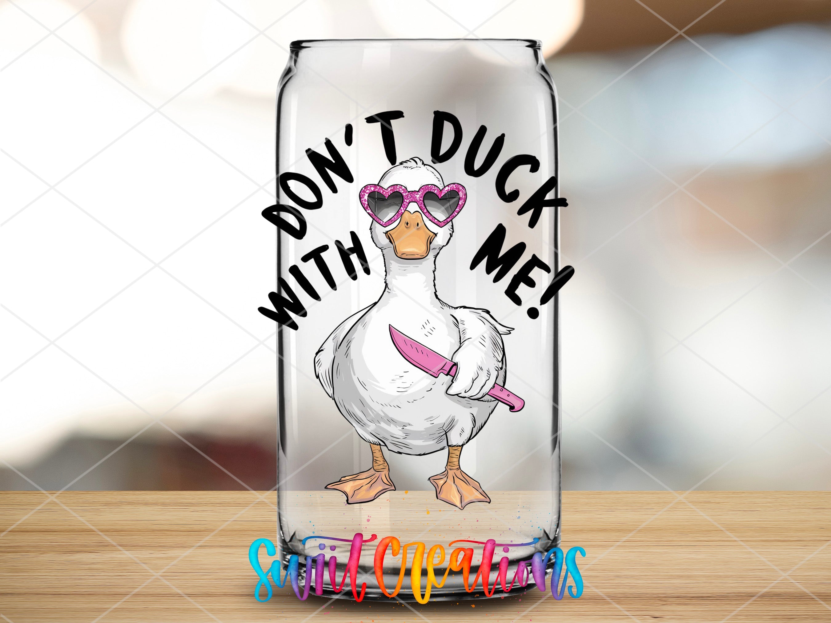 a glass jar with a duck wearing sunglasses