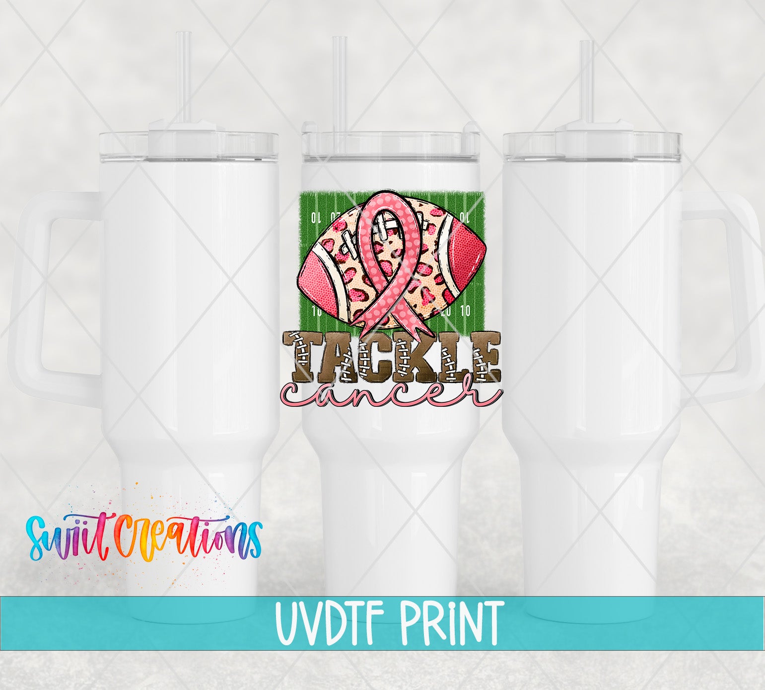 three white tumblers with a pink ribbon design and the text "TACKLE CANCER" printed on them.