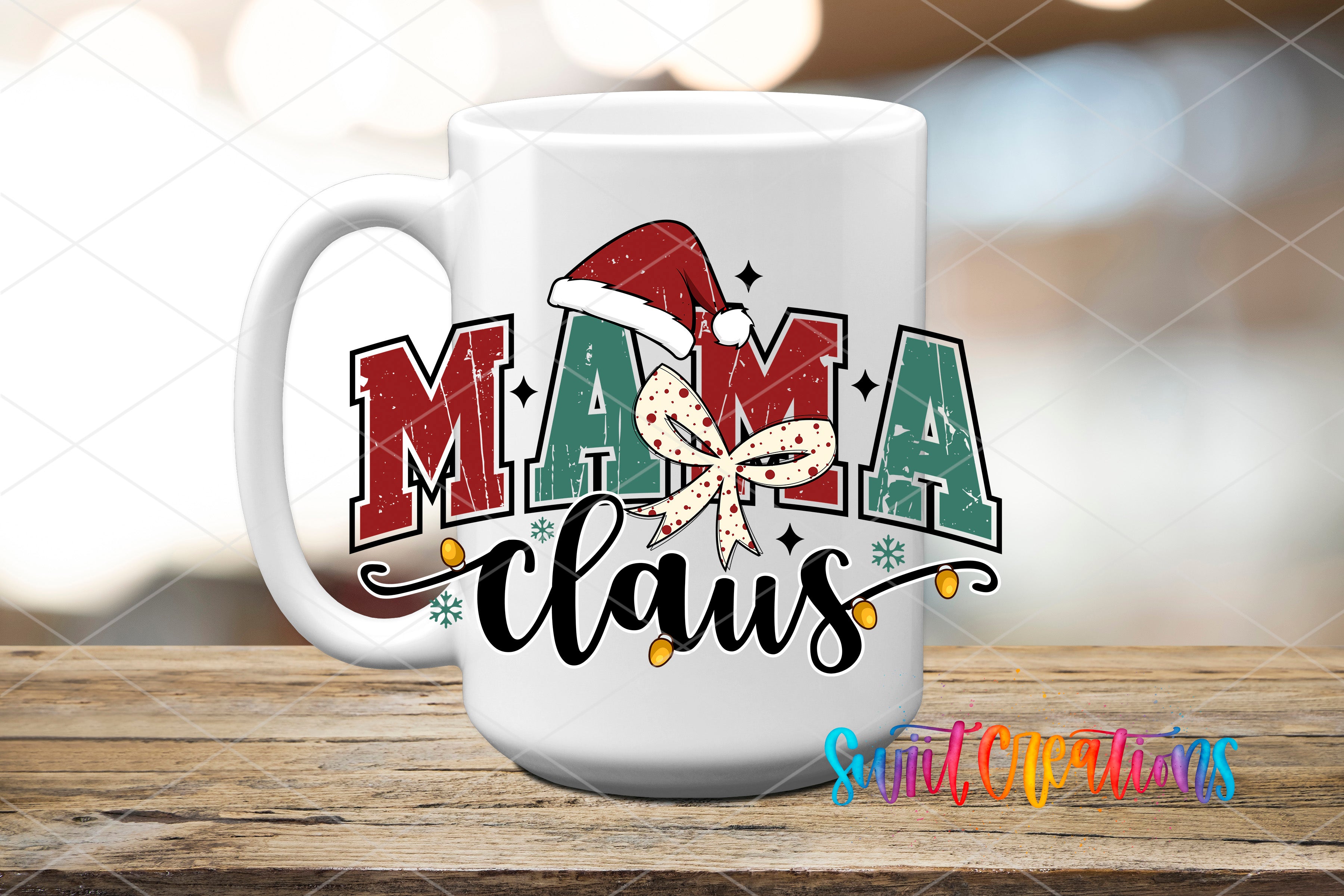 A white mug with the text "MAMA Claus" and a Santa hat graphic printed on it, placed on a wooden surface.