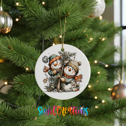 A white ceramic ornament with a snowman and pine tree design hangs from a Christmas tree, surrounded by other ornaments and lights.