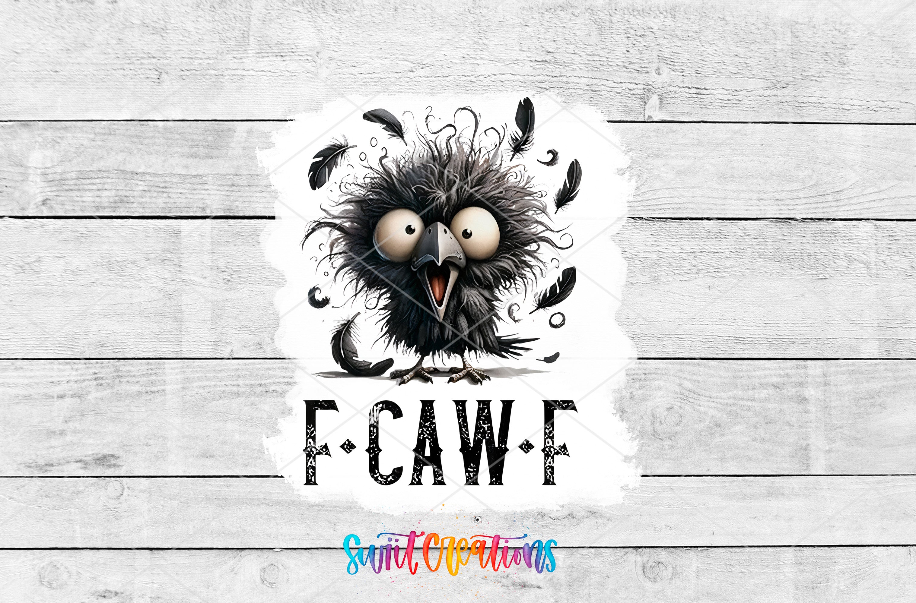 A whimsical illustration of a black bird with large, expressive eyes and a comical expression, surrounded by feathers, against a white wooden background.