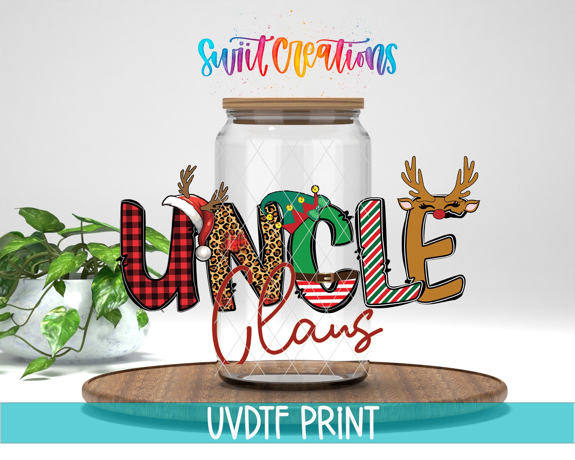 a glass jar with the word "UNCLE" written on it, surrounded by various decorative elements such as reindeer, snowmen, and Christmas trees.