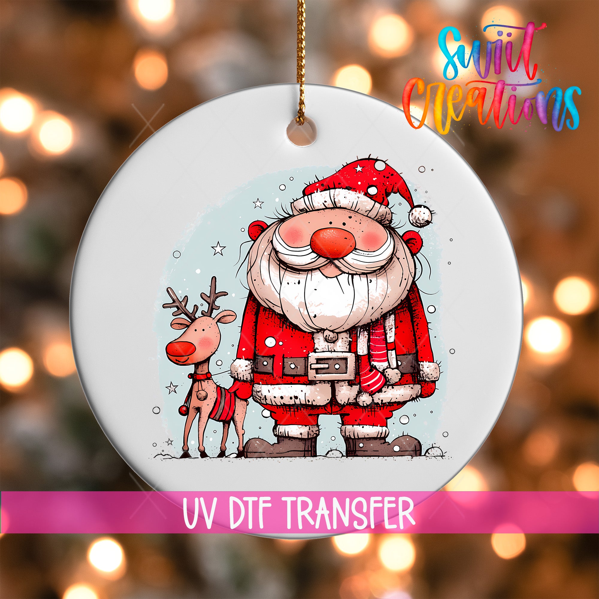A white ornament featuring a cartoon illustration of Santa Claus and a reindeer, with the text "UV Dtf Transfer" and "Sweet Creations" written below the image.