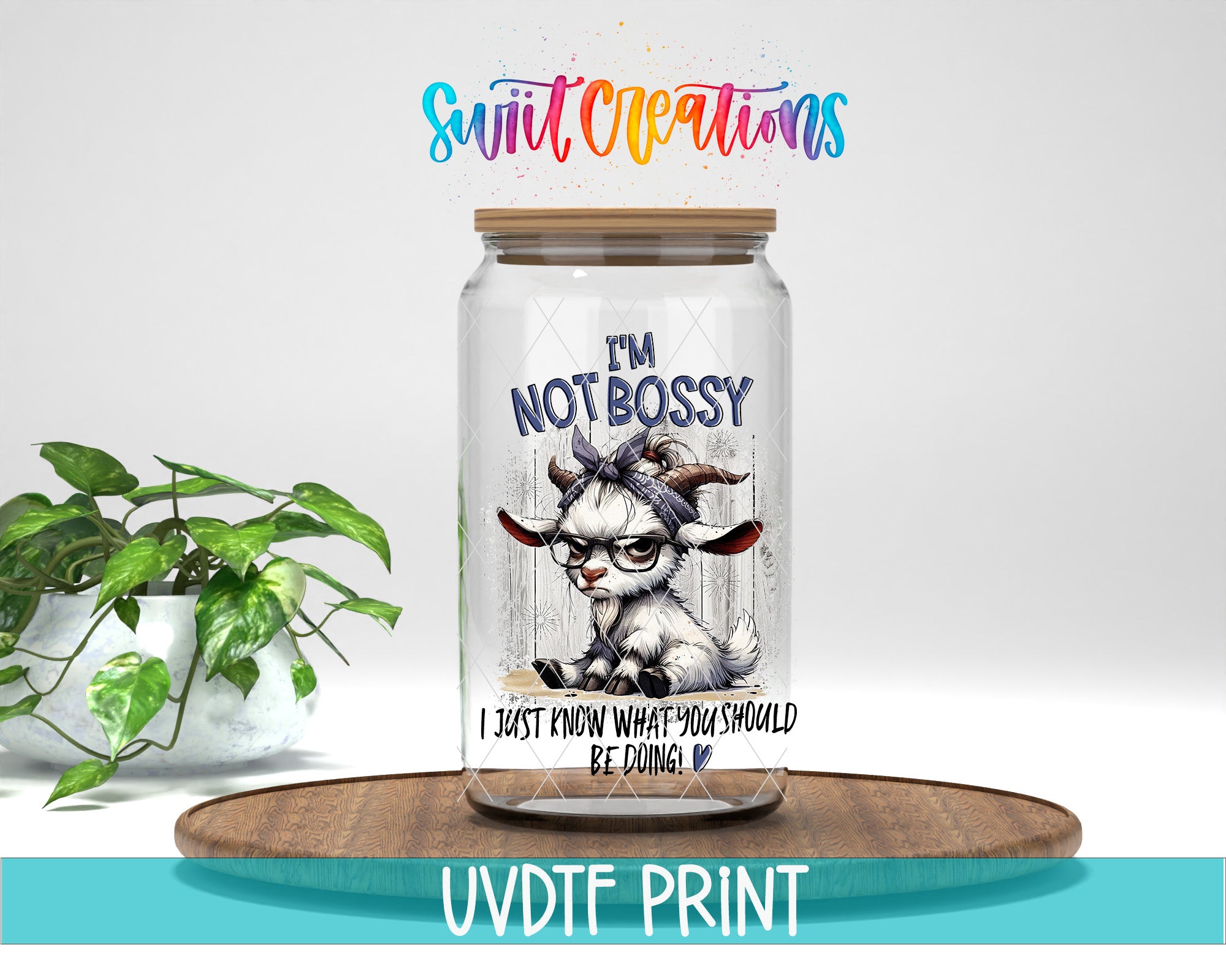 a glass jar with a picture of a goat on it