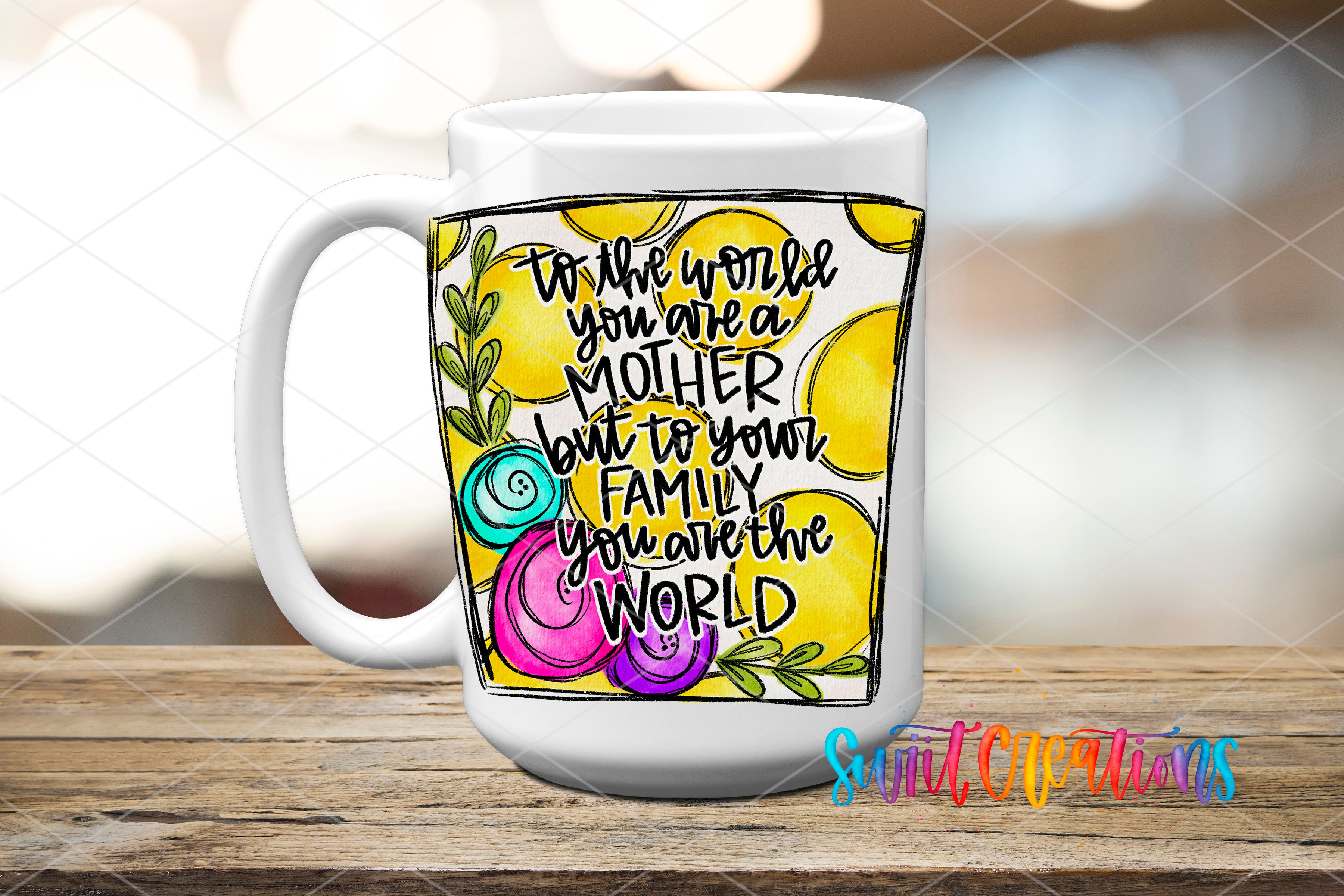 A white ceramic mug with a colorful design featuring text and illustrations.