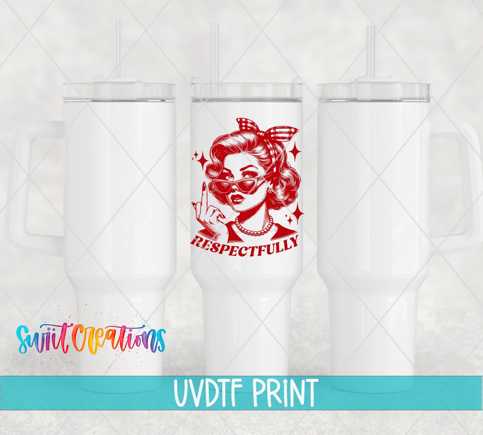 a set of three white tumblers with a woman's face painted on them